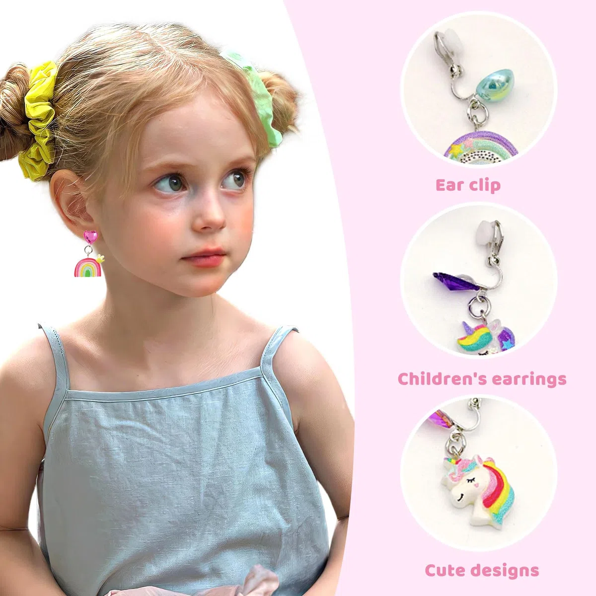 12 Paia di Orecchini a Clip per Ragazze, Set di Orecchini Senza Piercing con Cuscinetti per Orecchie, Dolce Design di Farfalle, Coniglietti e arcobaleni, gioiell