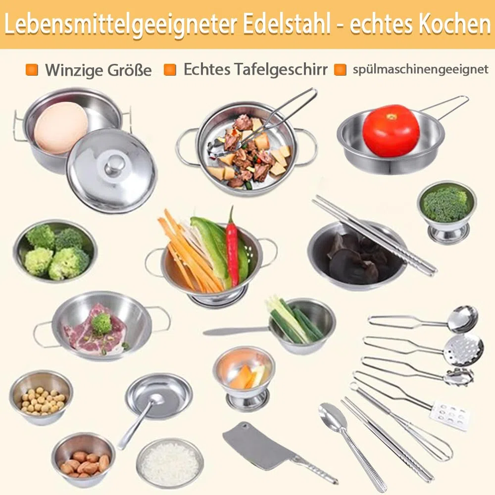 Set di 25 accessori per giocattoli da cucina per bambini, in acciaio inox, pentole e padelle per bambini, mini set da cucina classico, ottimo regalo per ragazze e ragazzi