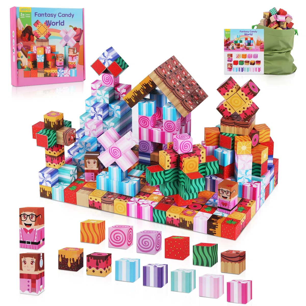 Blocchi Magnetici per Bambini - 100 Pezzi Cubi Magnetici per Bambini, Costruzioni Magnetiche per Costruire un Mondo Fantastico - Mondo Delle Caramelle, Età 3+