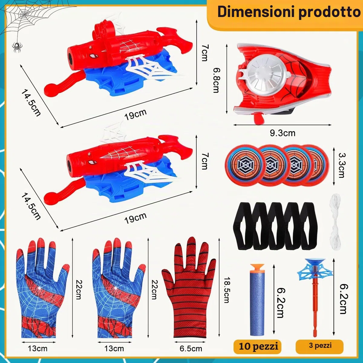 Set di 3 Spiderm Guanti per Bambino, Launcher Glove Spara Ragnatele, Giochi Spiderm 3 4 5 6 7 Anni, Giocattolo da Polso Cosplay Supereroe, Regalo Compleanno e Feste Bambini (B)