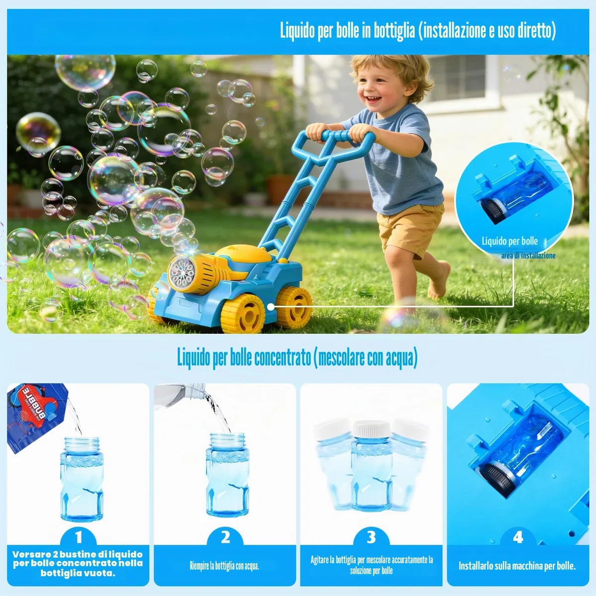 Macchina per Bolle Bambini 3 Anni+, Tosaerba Bolle Anti-Perdita, Giocattoli a Sapone Con Luce LED, Macchina Automatica per Soffiatore Di Bolle, Nozze & Festa Esterna