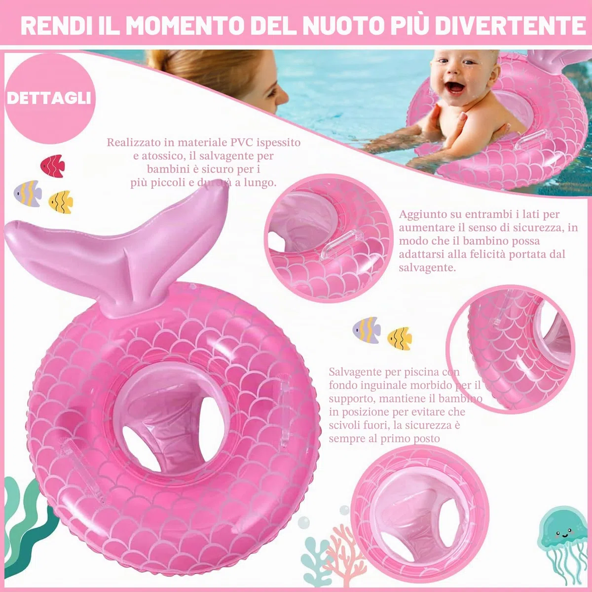 Salvagente Neonato per bambine,1-3 anni, anello gonfiabile per il nuoto del bambino, galleggiante per piscina con sedile e maniglia, anello gonfiabile per nuotare in piscina, ciambella neonato bambini