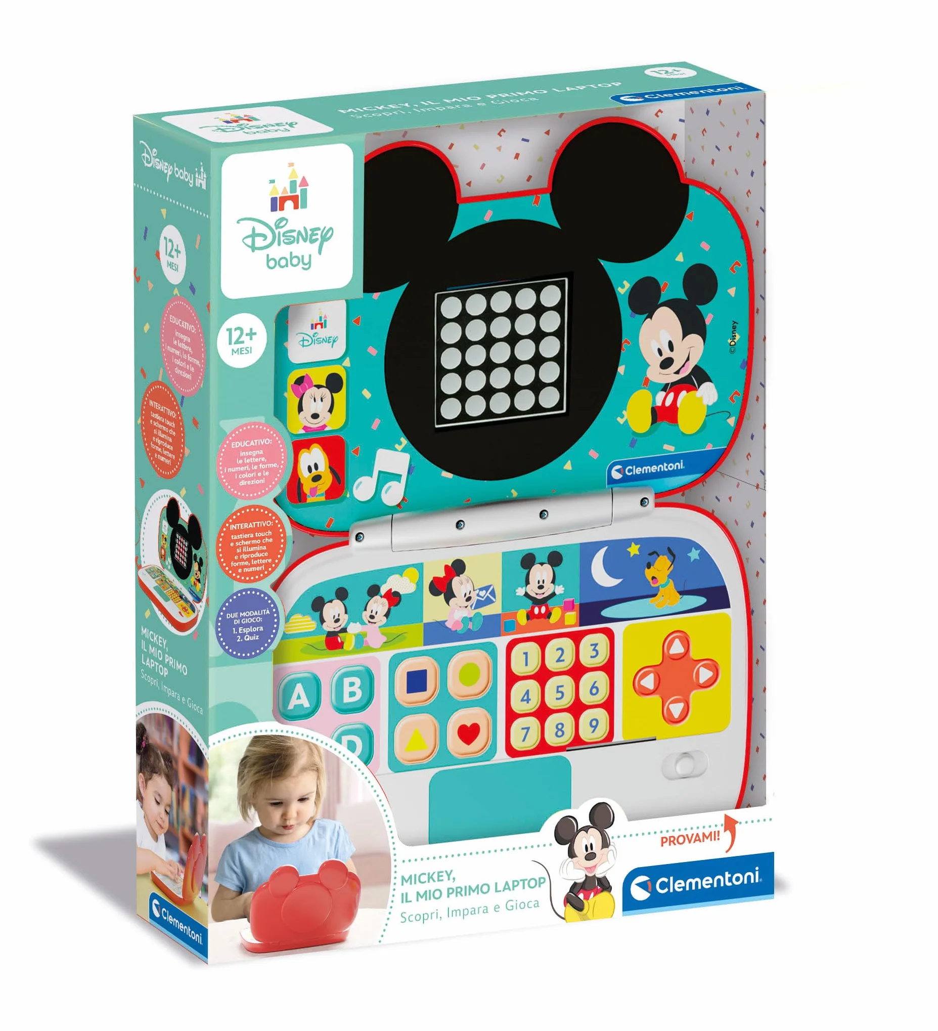 Disney Baby Clementoni - Il Mio Primo Laptop Mickey, Gioco Educativo Computer Bambino 12+ Mesi, Centro attività Prima Infanzia, Insegna Lettere e Numeri in 2 modalità di Gioco, Lingua Italiana, 17834