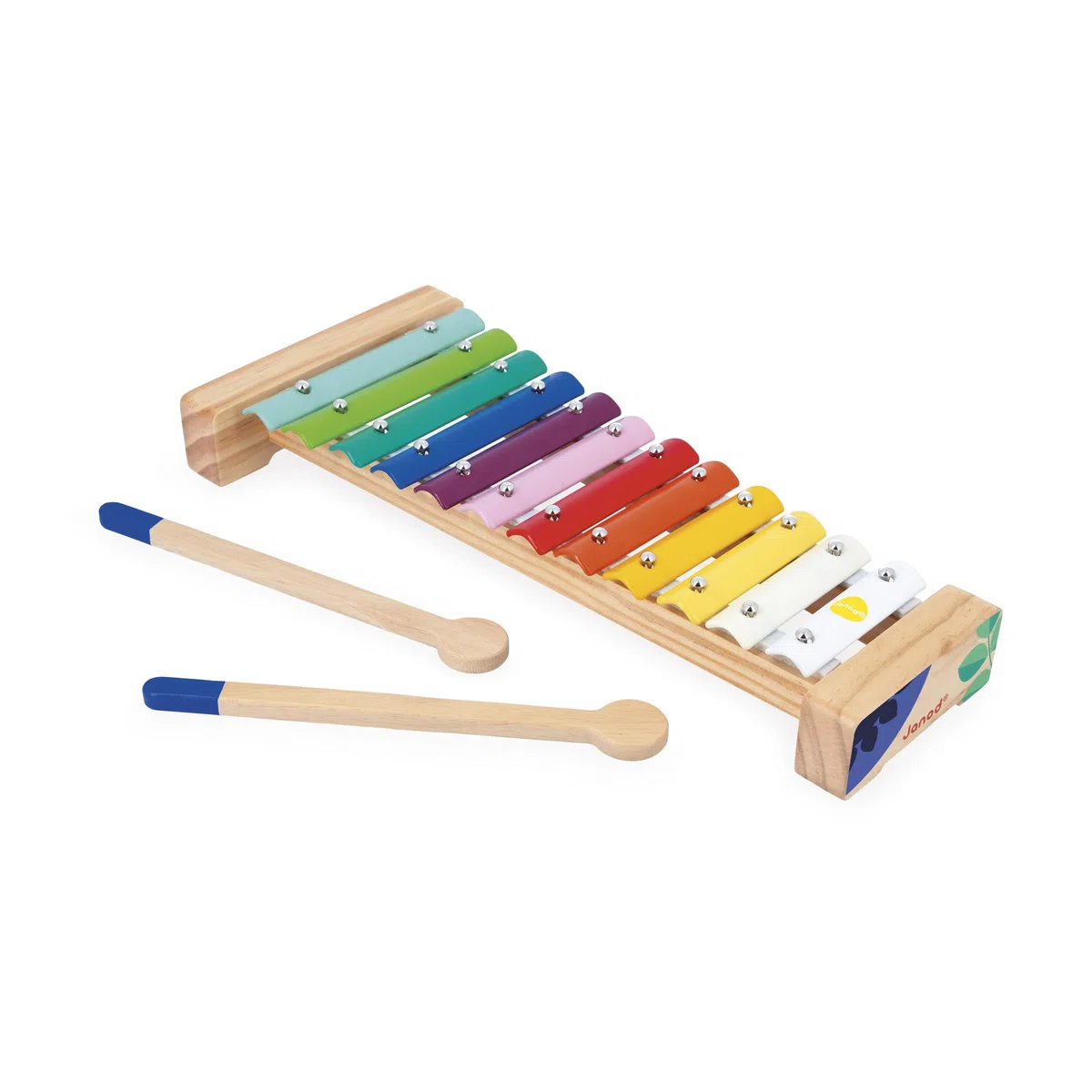 Janod Xilofono in Legno e Metallo, Strumento Musicale per Bambini, 12 Tasti e 2 Bacchette Incluse, Imitazione Musicale, Colori ad Acqua, da 18 Mesi, J07663