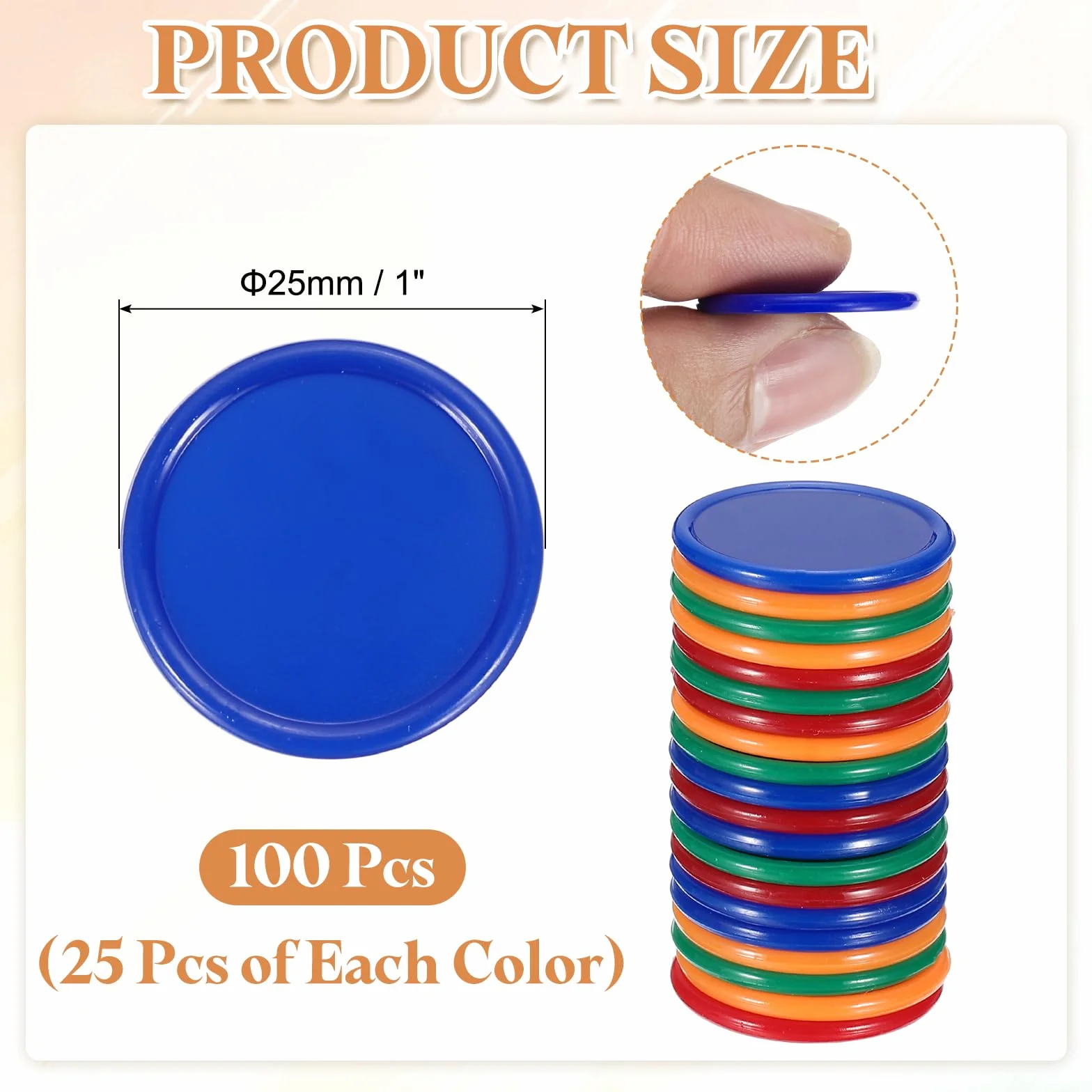 QUARKZMAN 100Pezzi Fiche Di Plastica Da 1 Pollice, Mini Fiche Bingo Segnapunti Contatori Dischetti Segnalini Opachi Gettoni Per Giochi Conteggio Matematico, Arancione/Blu/Verde/Rosso
