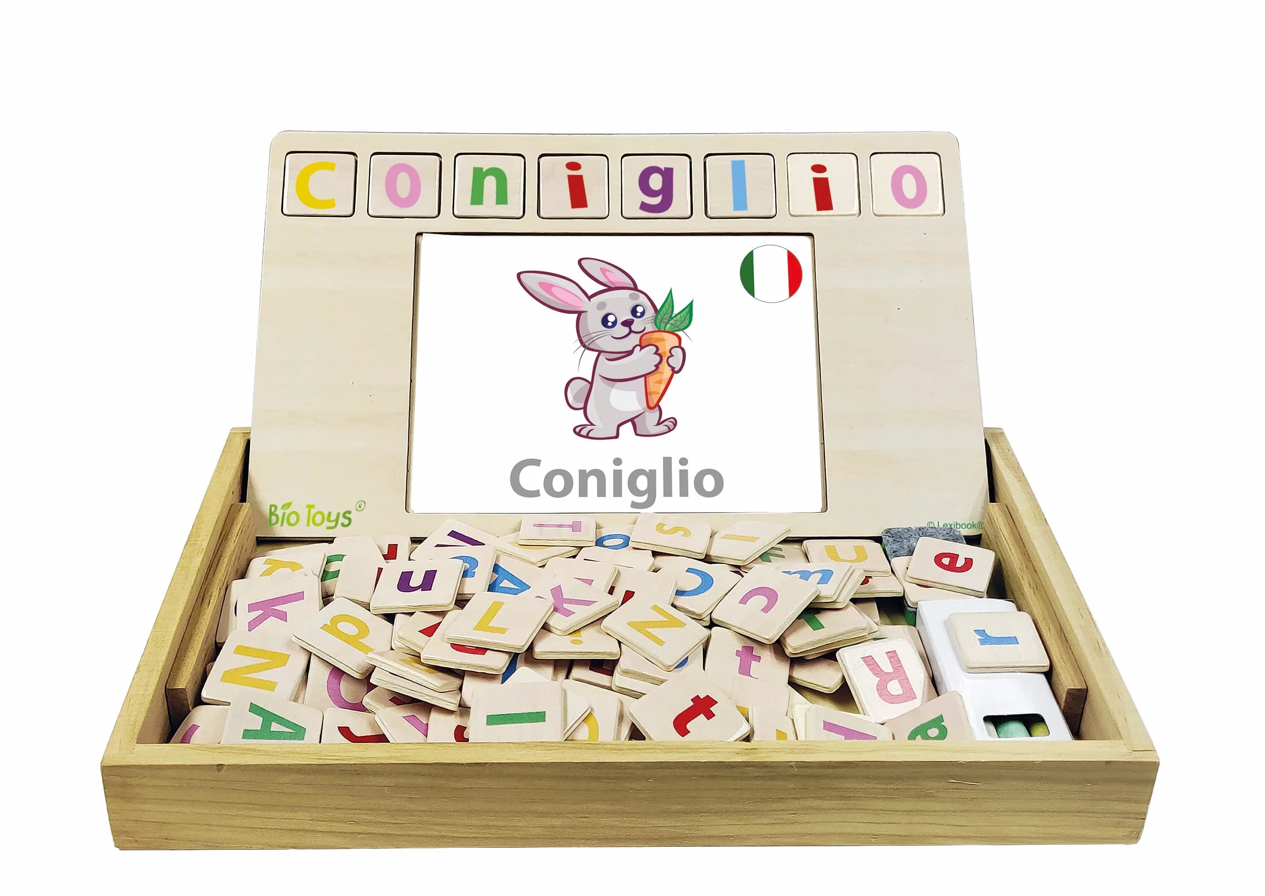 Lexibook, Bio Toys, Scuola di parole, bilingue italiano/inglese, gioco in legno, 50 carte parola, alfabeto, gioco educativo, EDU100i5