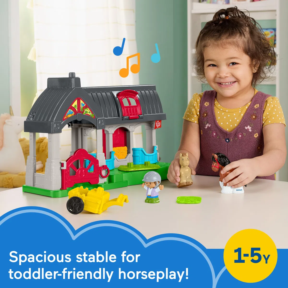 Fisher-Price Little People - Maneggio dei Cavalli, playset con suoni, fienile e tre stalle, include 2 cavalli, 1 personaggio, 1 carro agganciabile e 2 accessori, giocattolo per bambini, 1+ anni, HWR84