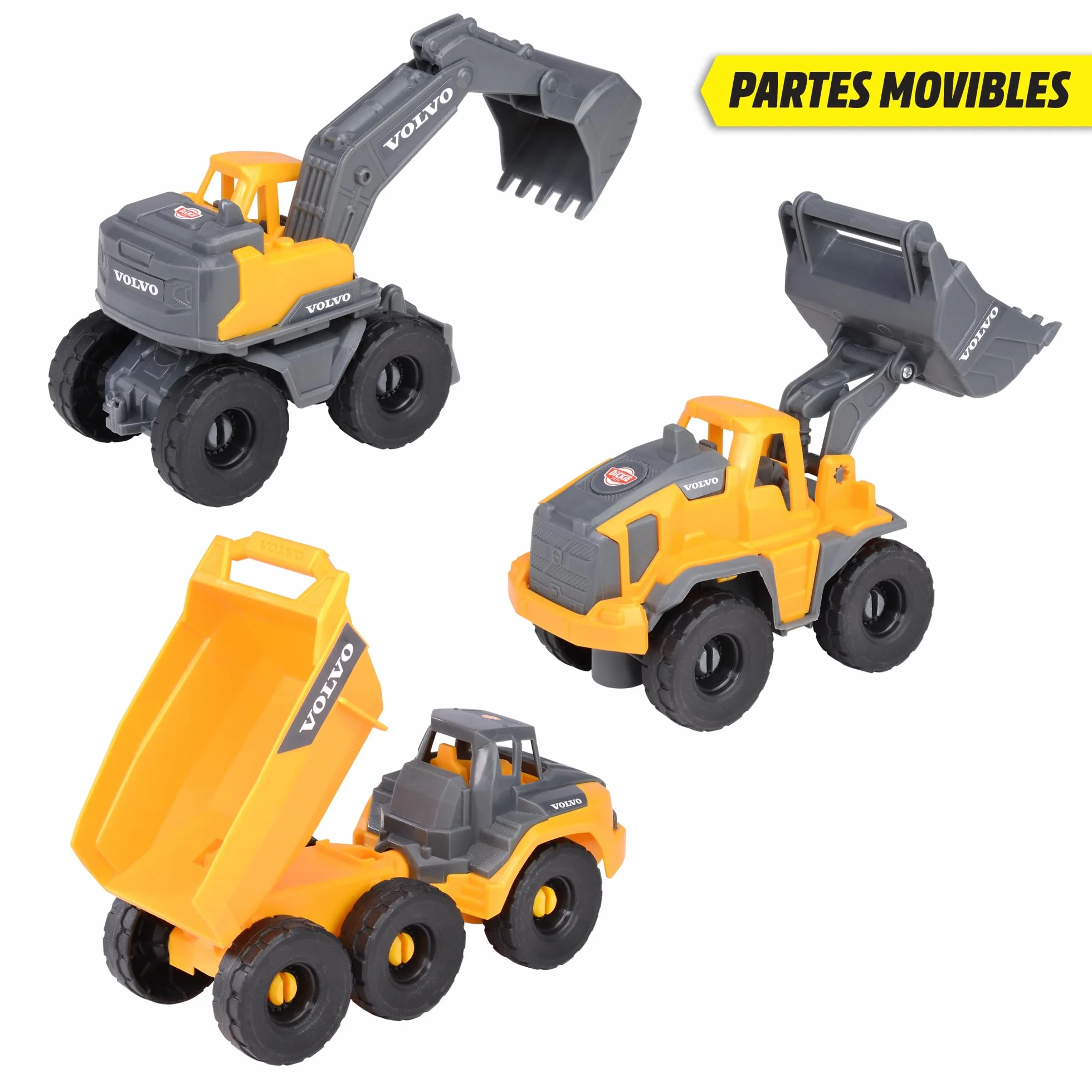 Dickie Toys - Veicoli da cantiere Volvo a partire dai 3 anni (3 pezzi) – Set da costruzione con 3 auto giocattolo (escavatore, pale gommate, camion ribaltabili) per bambini, 16 cm, auto con ruota