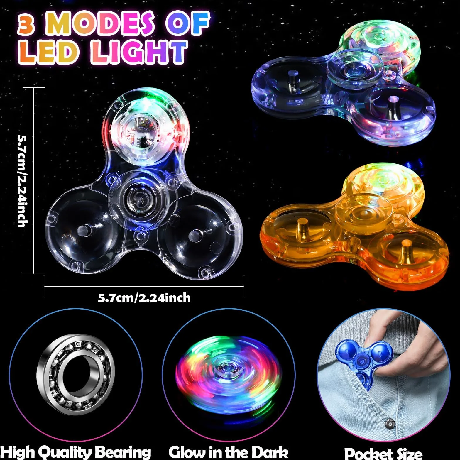 SCIONE Confezione da 6 Fidget Spinner LED per Bambini - Trottole Girevoli con Luci Multicolore, Giocattoli Anti-Stress per Bambini e Bambine, 5.69cm