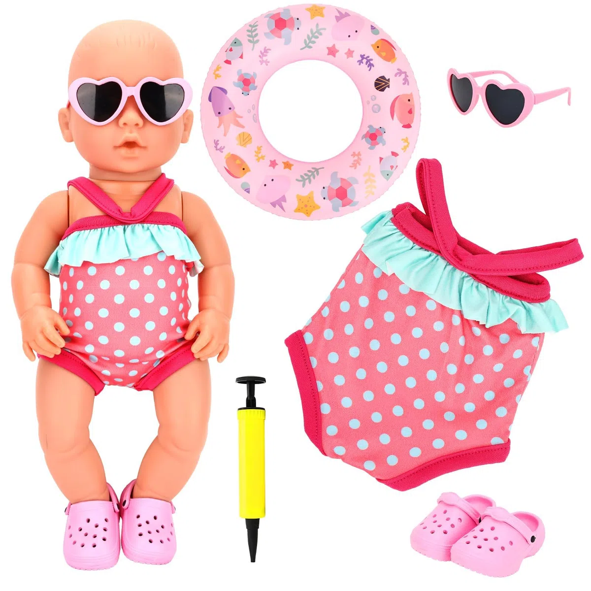 Set da Nuoto per Bambole, Estate Costume da Bagno per Bambole, con Costumi da Bagno per Bambole, Anello per il Nuoto, Occhiali da Sole, Pantofole, Pompa ad Aria, Vestiti per Bambole 35-45 cm