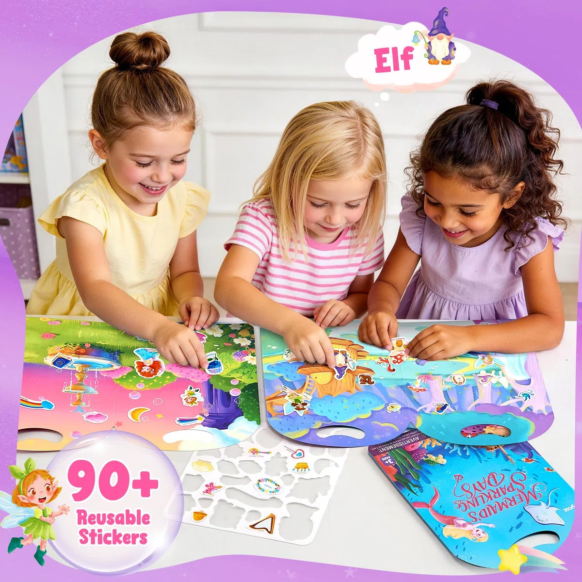 JoyCat 3 Libro Adesivi Attacca e Stacca Bambini: Unicorno, Fate, Sirena, 90 Stickers Bambini 3 4 5 6 Anni, Libri Attività con Adesivi Riutilizzabili, Giocattoli da Viaggio, Regalo Educativo Compleanno