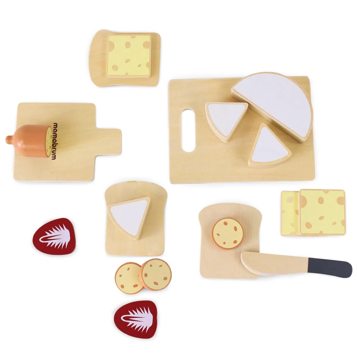 Mamabrum Set Colazione in Legno per Bambini - Gioco di Pappa con Accessori da Cucina per Piccoli Chef, Include Tagliere e Alimenti in Legno