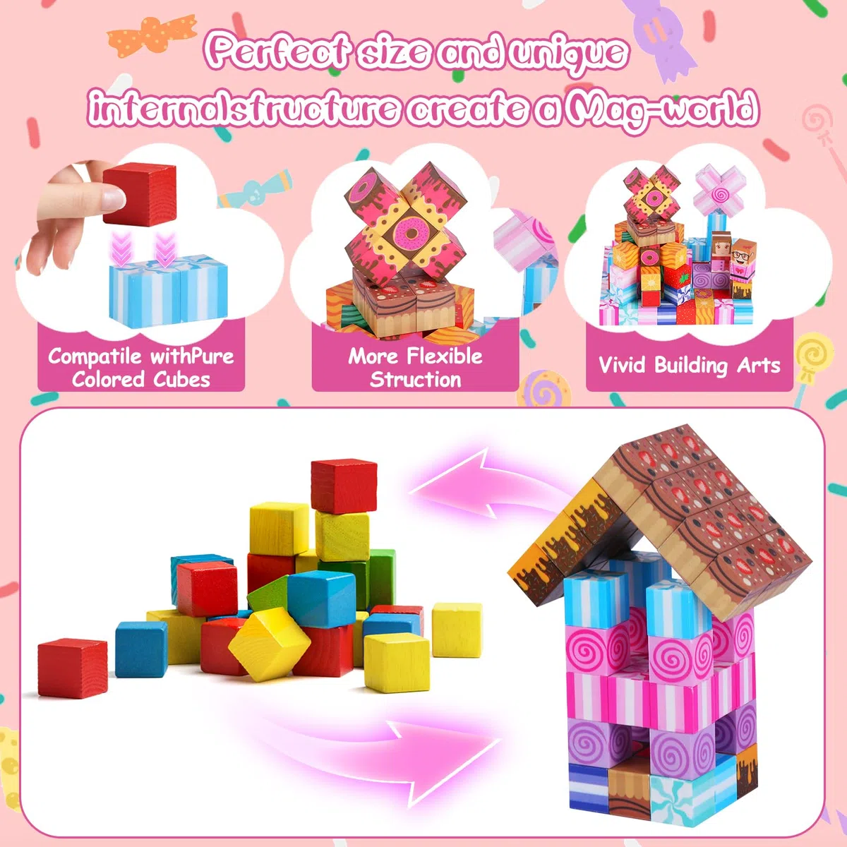 Blocchi Magnetici per Bambini - 100 Pezzi Cubi Magnetici per Bambini, Costruzioni Magnetiche per Costruire un Mondo Fantastico - Mondo Delle Caramelle, Età 3+