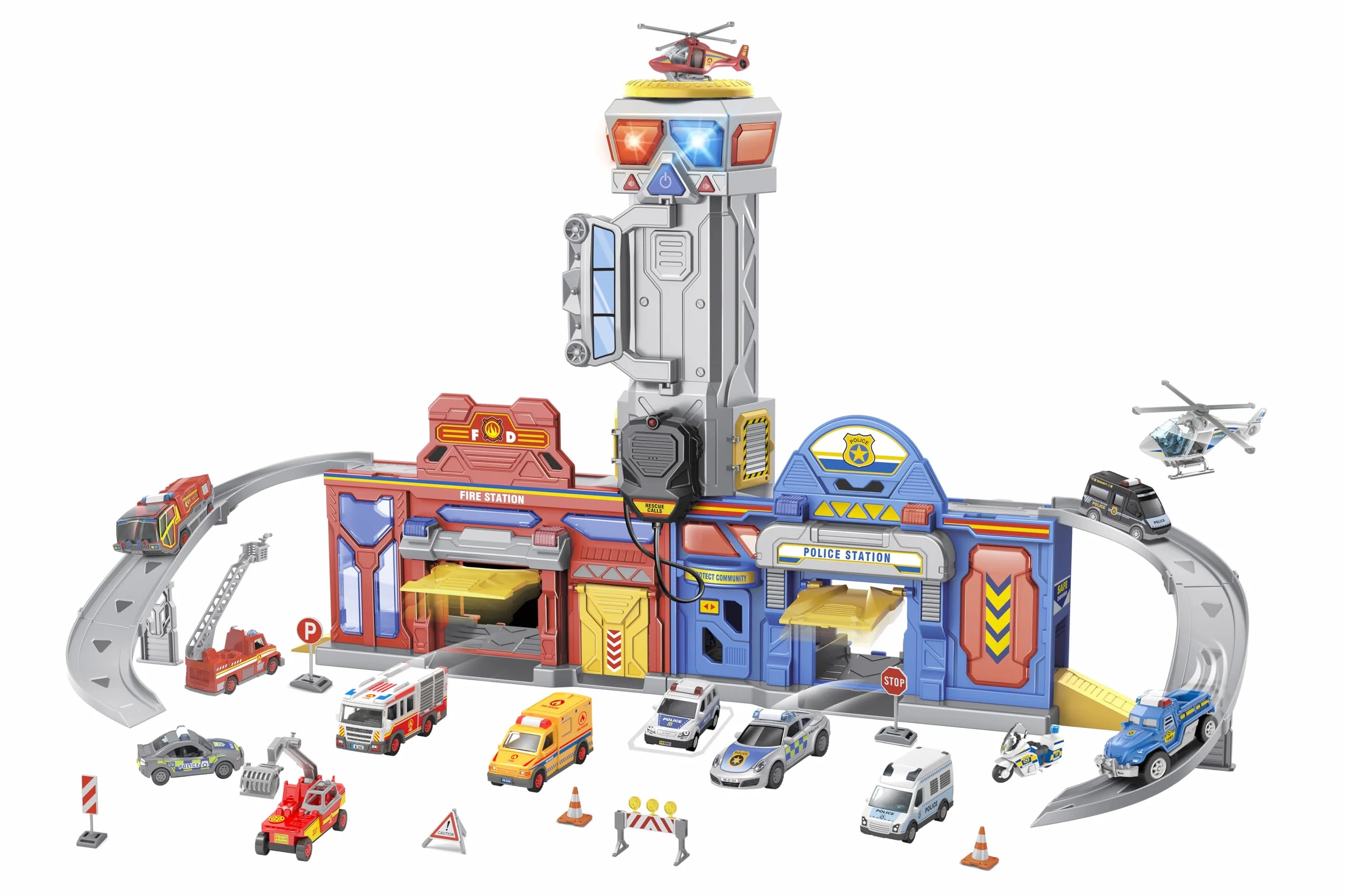 Grande stazione di Emergenza con Suoni e Luci - Pompieri e Polizia - Suoni e Luci - Megafono - 2 Modellini auto die-cast incluse - Dimensioni 75 x H 39 x 30 cm - Globo Giocattoli - WToy 42189