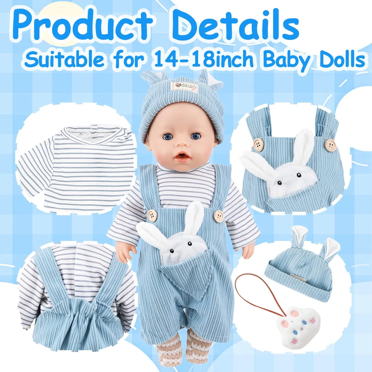 5 abiti per bambole da 14 a 18 pollici, 35 – 45 cm, graziosi vestiti per bambole, 1 tuta da coniglio blu + 1 top+1 cappello a orecchie di coniglio + 1 calzino+1 ciondolo a coniglietto per ragazze