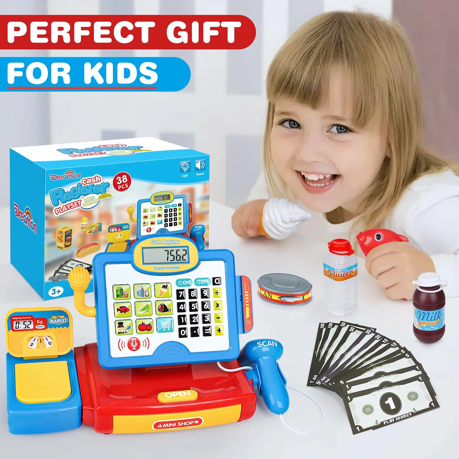 Dreamon Cassa Giocattolo per Bambini, Registratore di Cassa Supermercato Giocattolo per Bambini con Scanner Negozio Giocattoli per Giochi di Ruolo Regali di Natale per Ragazzi e Ragazze 3 4 5 6 Anni