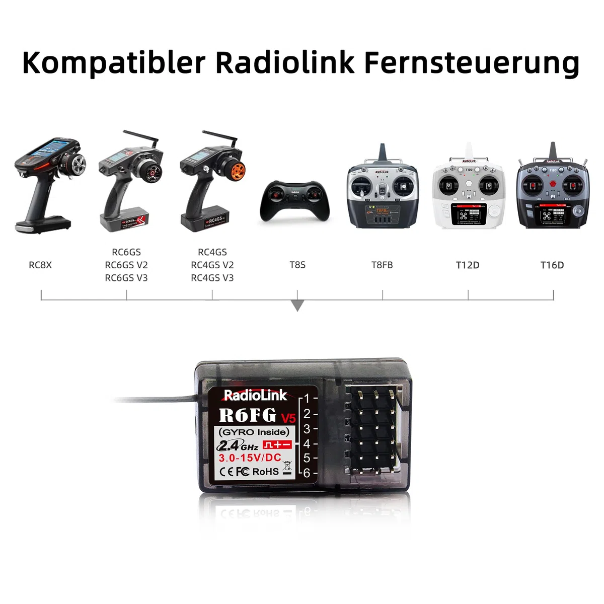 Radiolink Ricevitore R6FG RC 2.4 Ghz giroscopio integrato 6 canali ampia portata fino a 400 m per auto barche compatibile con RC6GS V3/RC4GS V3/T8FB/T8S/RC8X/T16D/T12D