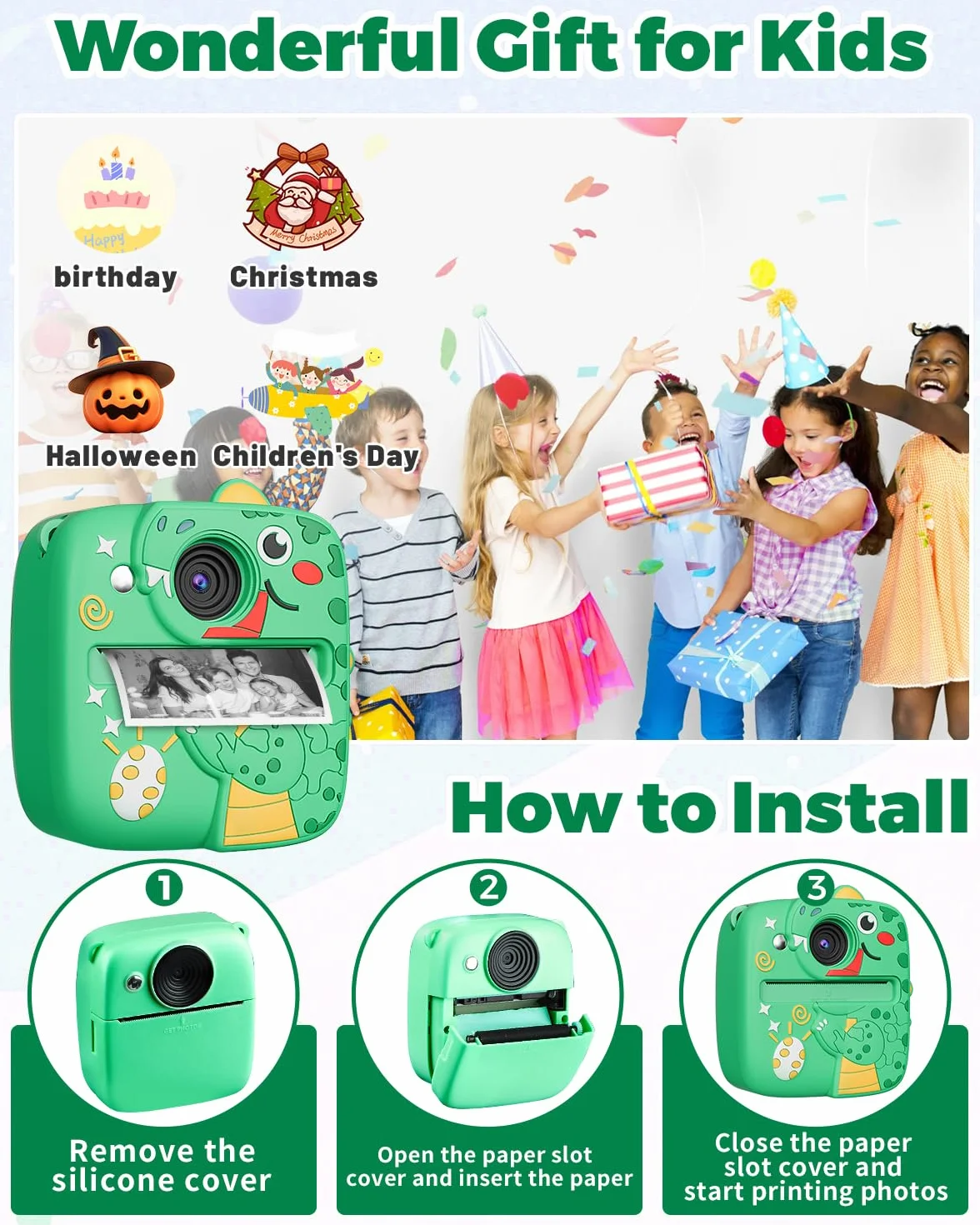 CHRERNA Macchina Fotografica Bambini Istantanea, Fotocamera Istantanea per Bambini con Carta da Stampa e Carta 32GB, Regalo per Bambini per Ragazze Ragazzi da 3-12