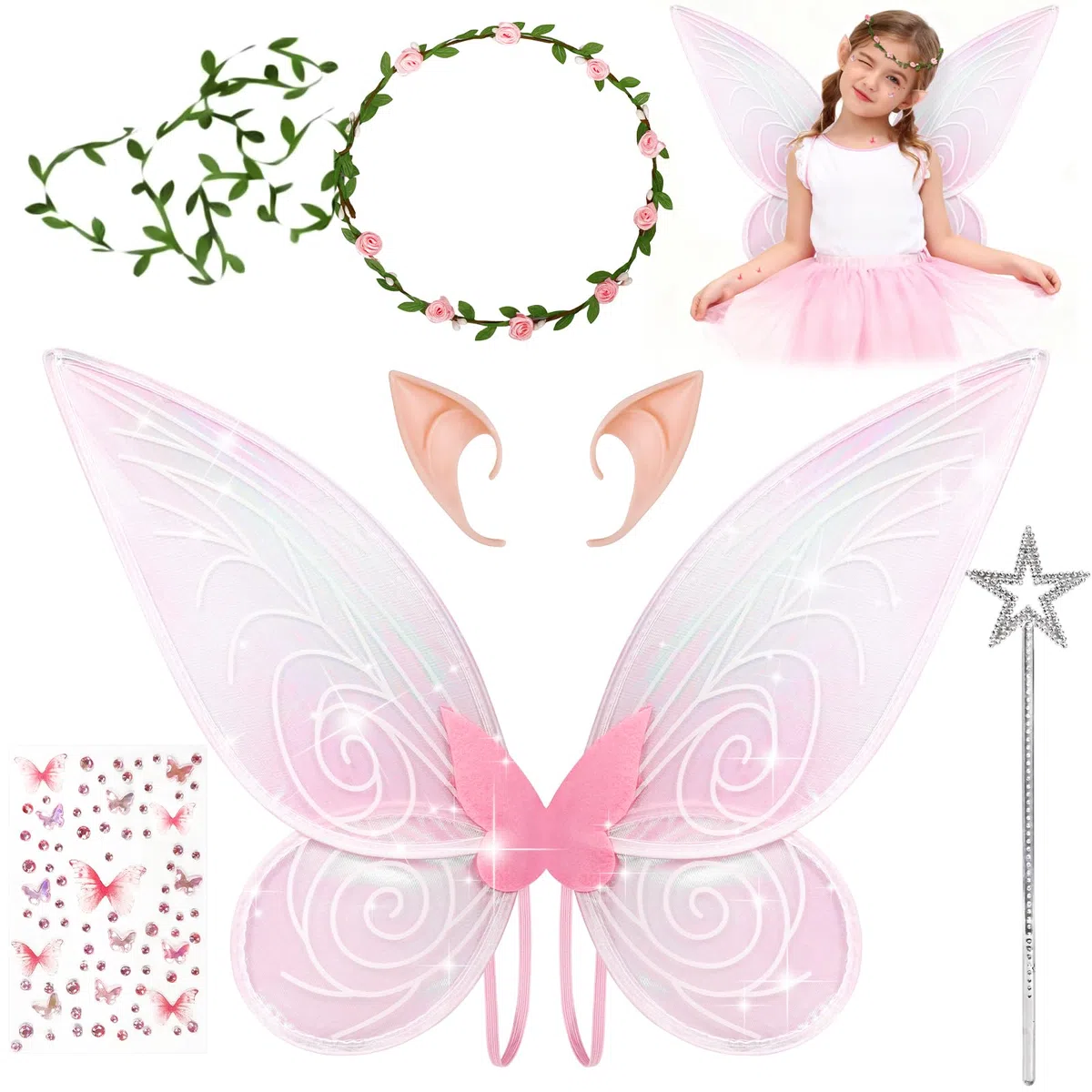 Ali da fata, ragazze Fairy Wings Costume,5 pezzi ali di farfalla con orecchie da elfo delle Fate Bacchetta Magica adesivi, Ali da Fata per Bambini per Halloween Carnevale Festa a Tema（Rosa）