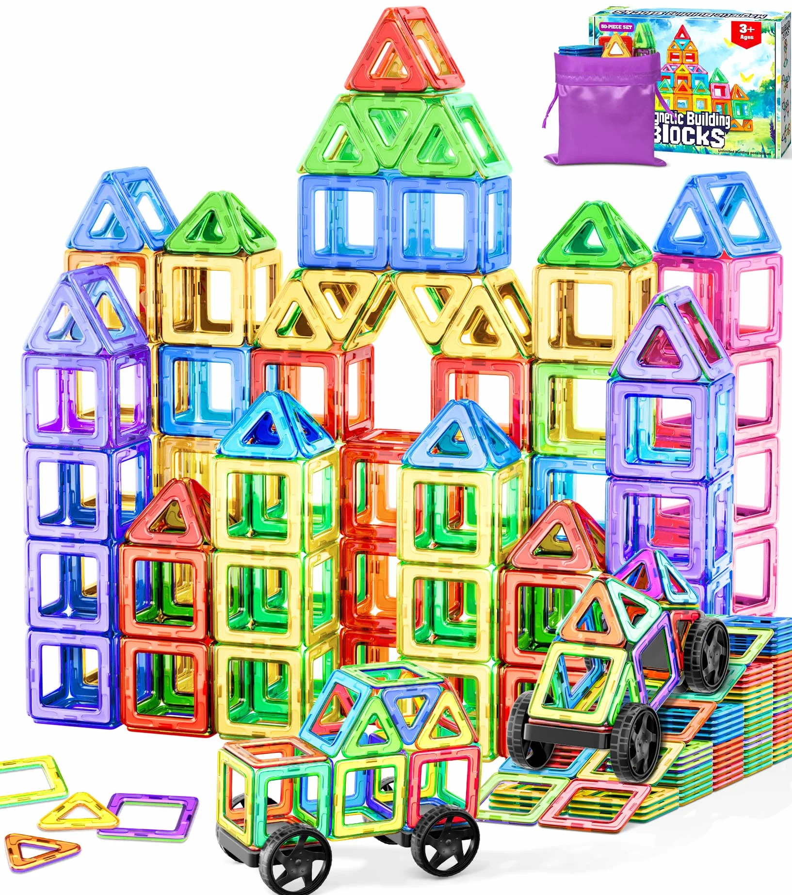 COOLJOYA Costruzioni Magnetiche, Costruzioni Magnetiche per Bambini 3 Anni, Giochi per Bambini Giochi Montessori per Ragazzi e Ragazze di 3 4 5 6 7 8 annii, 50 Pezzi Blocchi Magnetici