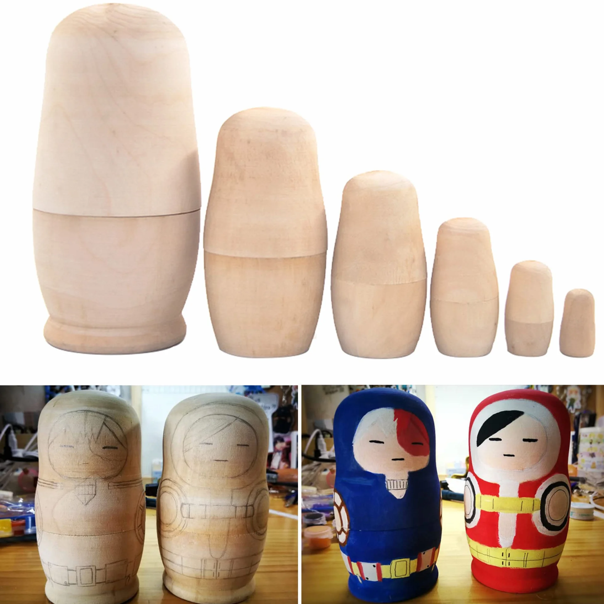 Matrioske Russe, Bambola di Legno, Bambole matrioska Giocattolo di Legno Russo, Non Dipinto Bambola Figura Giocattoli, Giocattolo Impilabile, Minifigure Nidificanti, Non Verniciato Matrioska