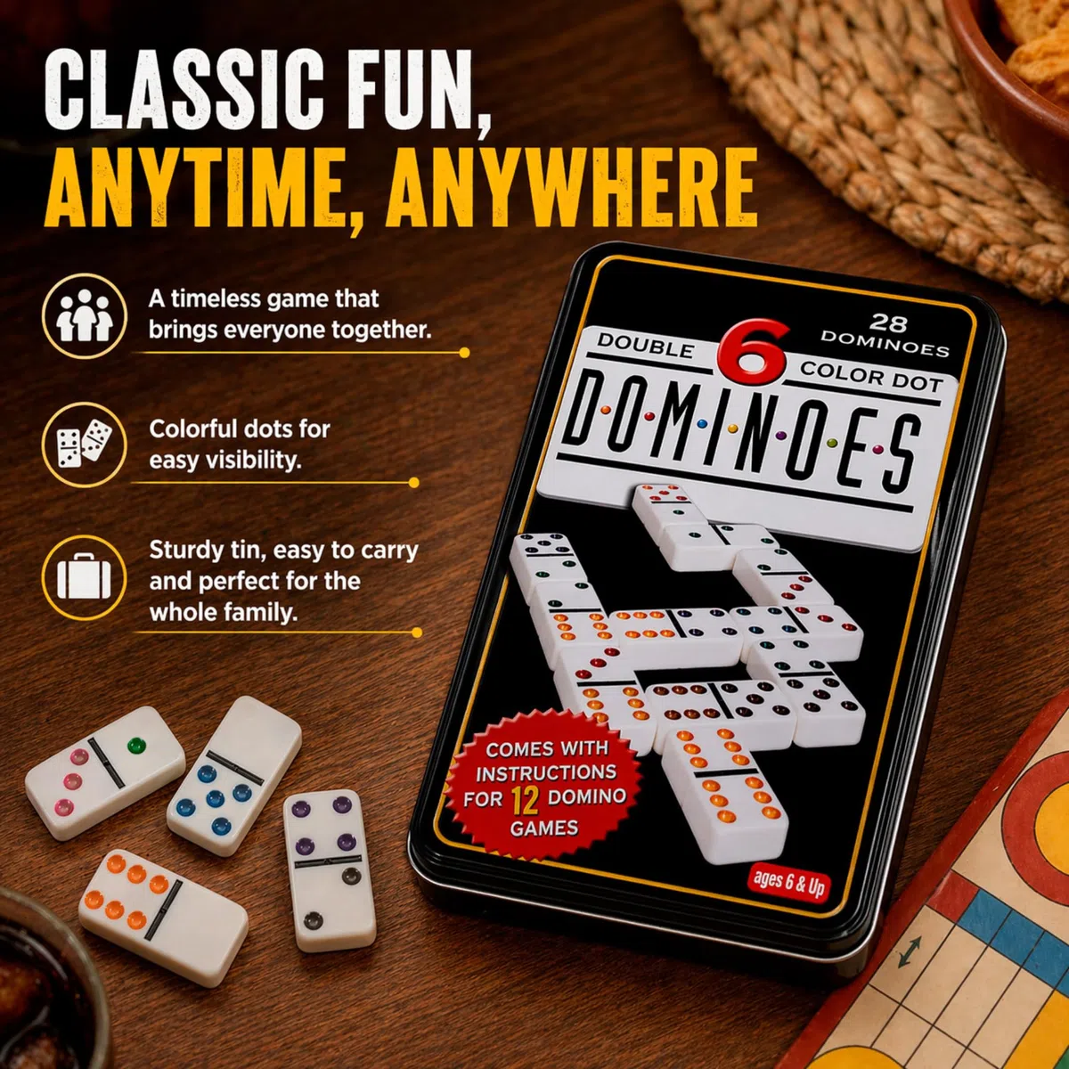 Set di Domino. Classico Gioco da Tavolo. Gioco da Tavolo per Tutta la Famiglia. Domino Colorati per Adulti e Bambini. Include Scatola per Riporli. Ideale per Viaggi, Riunioni e Tempo Libero.