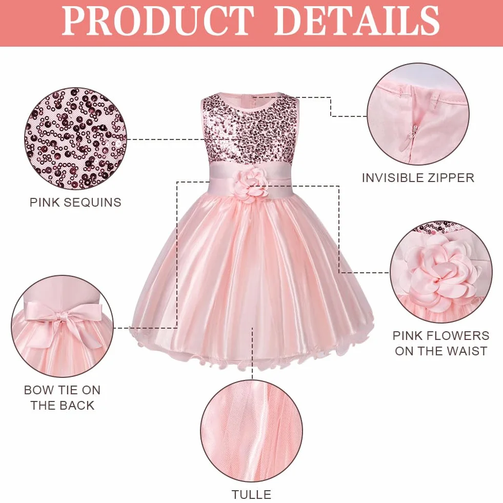 Aomig Vestito Principessa Bambina - Costume Con Fiori e Paillettes per Festa, Matrimonio - Abito da Ballo in Tulle-110