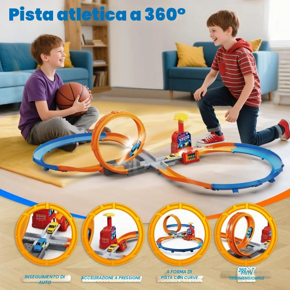 Set pista per slot car VATOS per ragazzi - Pista slot per bambini con accelerazione manuale a 360 gradi, montagne russe con catapulta fai da te 3 4 5 6 7 8 9 10 bambini