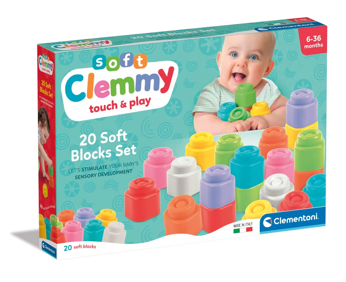 Clementoni Clemmy - Set 20 Mattoncini per Costruzioni, Gioco Prima Infanzia Made in Italy, Bambini 6-36 Mesi, 100% Igienici e Lavabili, per Sviluppare Manualità, Percezione Visiva e Fantasia, 17989