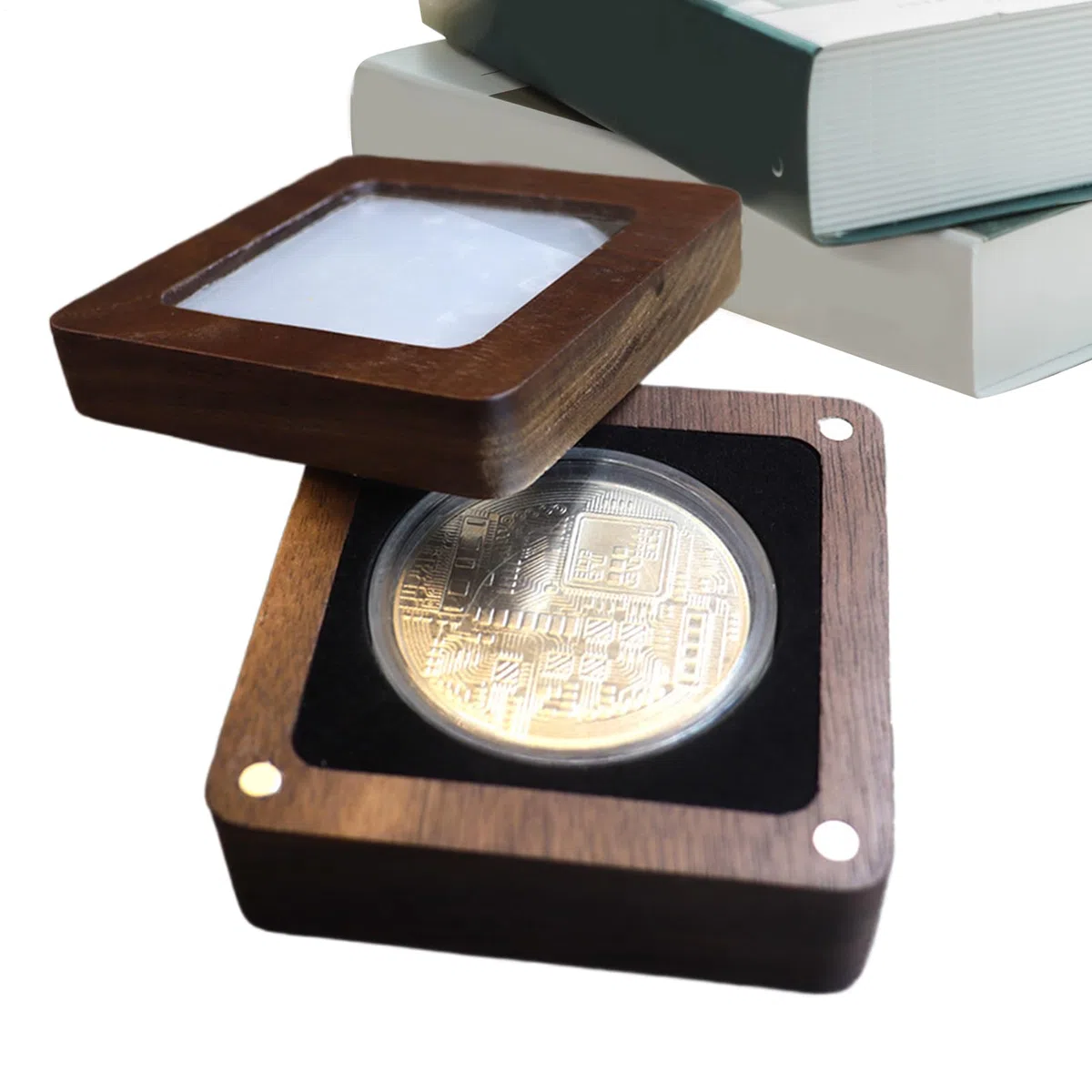 Scatola di presentazione per monete – Vetrina moneta singola in legno di noce, porta badge, scatola da collezione | famiglia, amici, colleghi, organizer regalo per monete, medaglie, marchi di valore