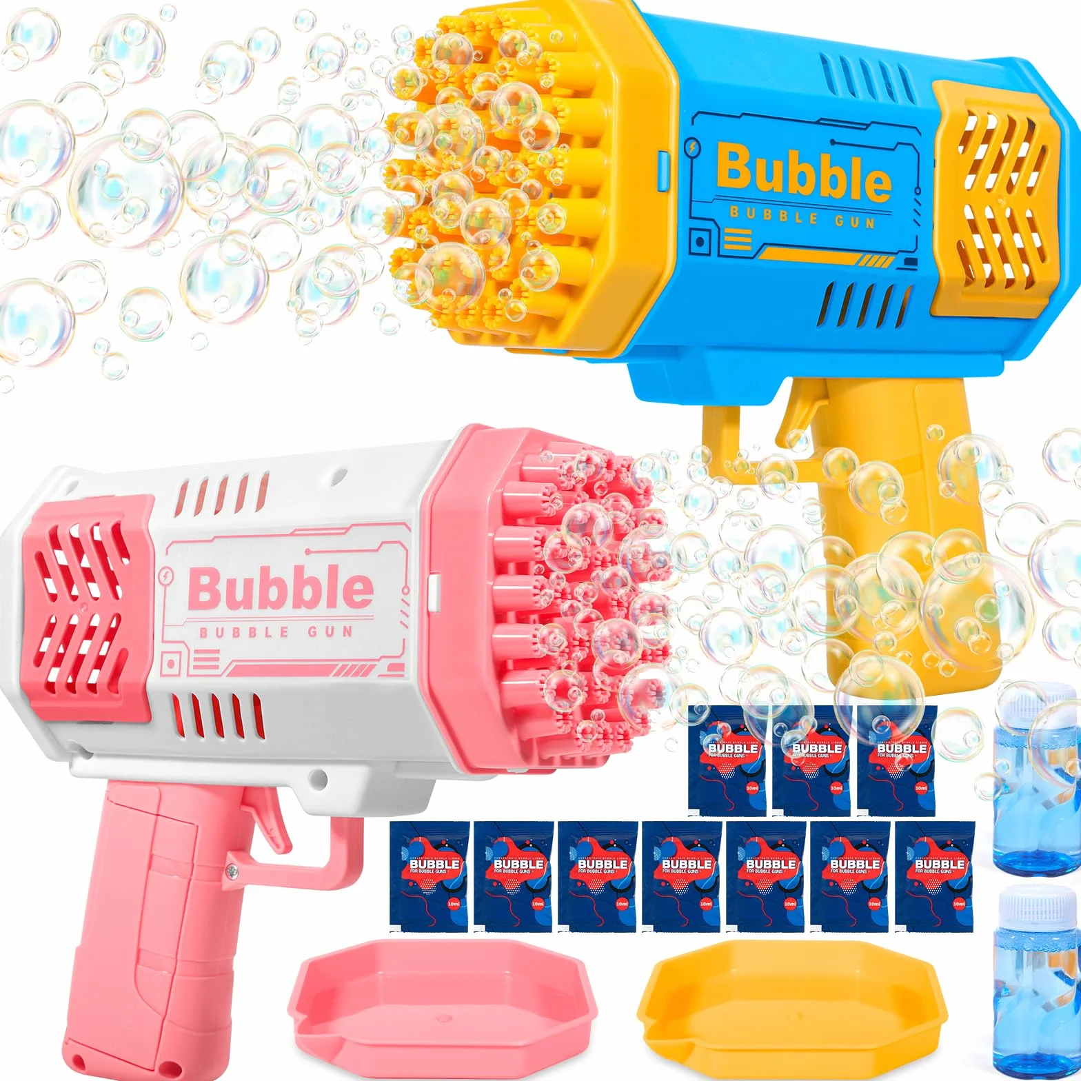 Pistola a Bolle per Bambini, Macchina per Bolle Elettrica Automatica per Bambini con 2 Pezzi Soluzione Bolla, 10000 + Bolle/Min, Luce LED, Estate per Festa, Spiaggia, Compleanno, Matrimoni