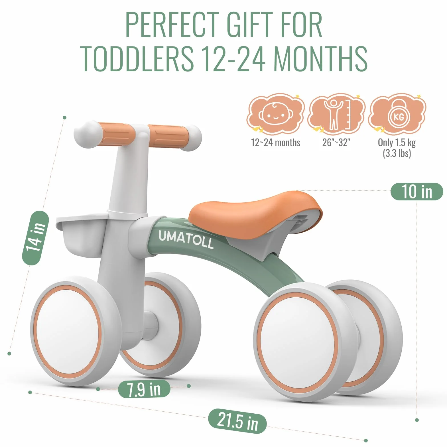 Umatoll Bicicletta Equilibrio Bambini 12-24 Mesi con Cestino, Verde