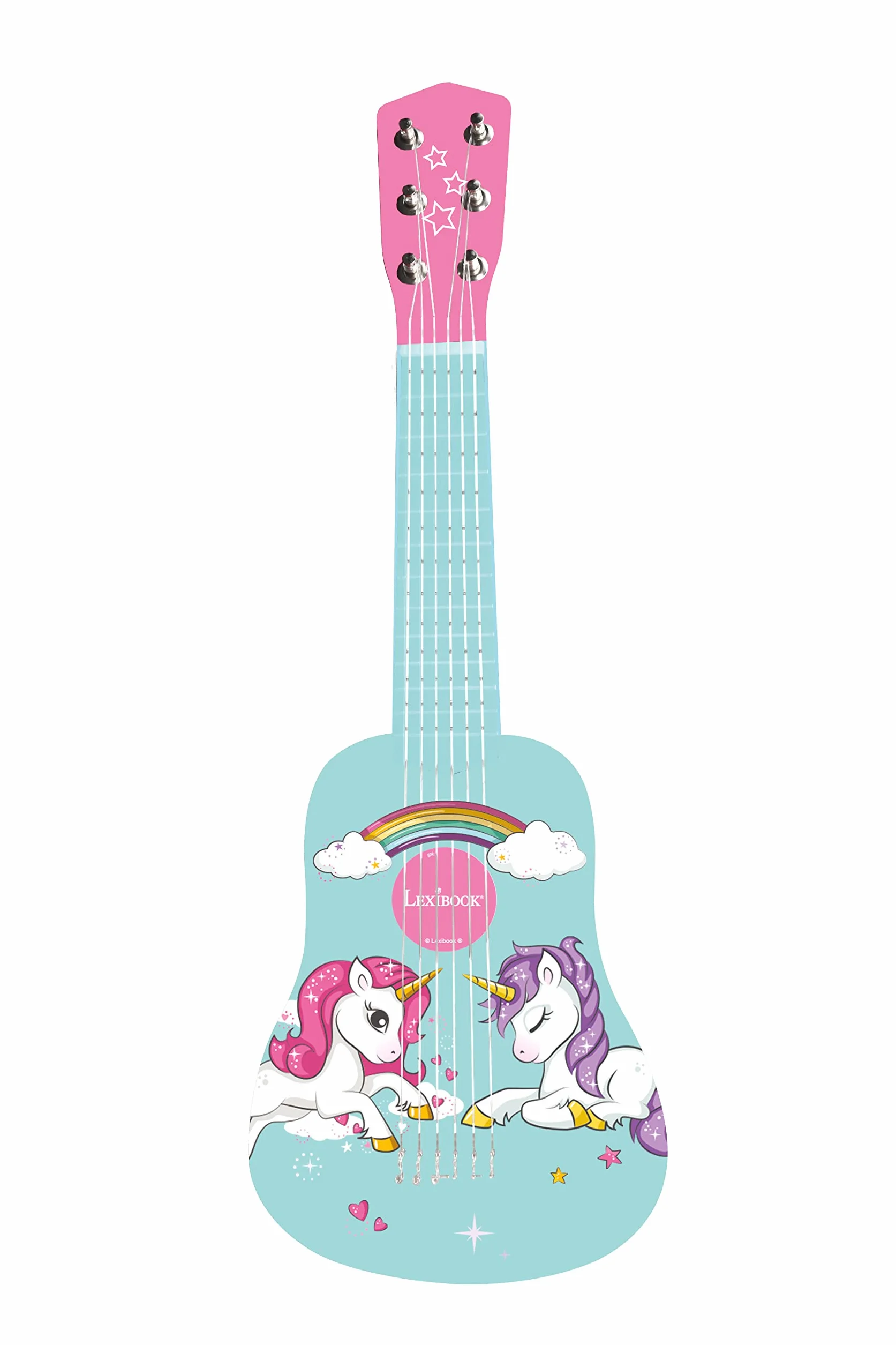 Lexibook, Unicorno, La mia prima chitarra in legno, 6 corde, 53 cm, manuale incluso, rosa/blu, K205UNI