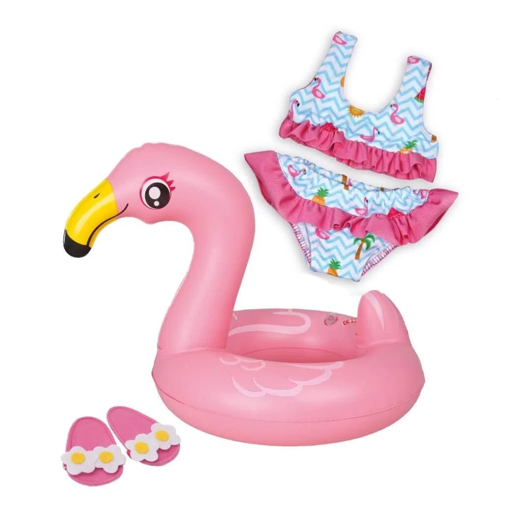 Heless 99 - Set da Nuoto per Bambole, 3 Pezzi, Fenicottero Ella, Bikini, Infradito e Anello Galleggiante, Misura 35-45 cm, per Divertimento nelle Calde giornate estive