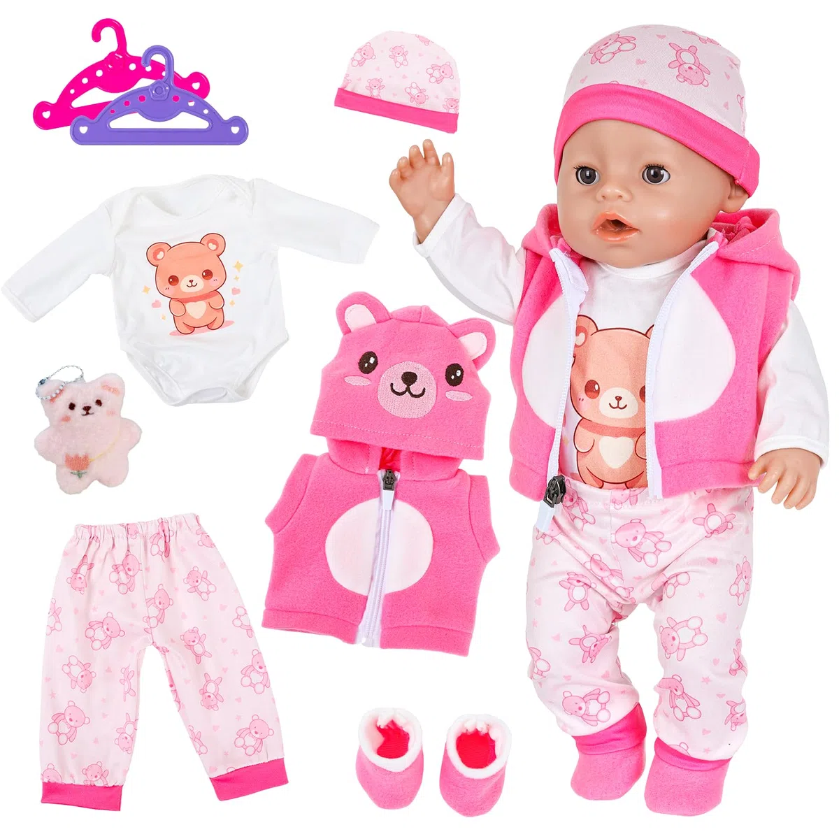 Vestiti per bambole da 35 a 43 cm, 8 pezzi rosa orsacchiotto, accessori per bambole con pagliaccetto, pantaloni con cappuccio, scarpe con orsetto, bambola, 2 grucce per bambole da 14 a 18 pollici