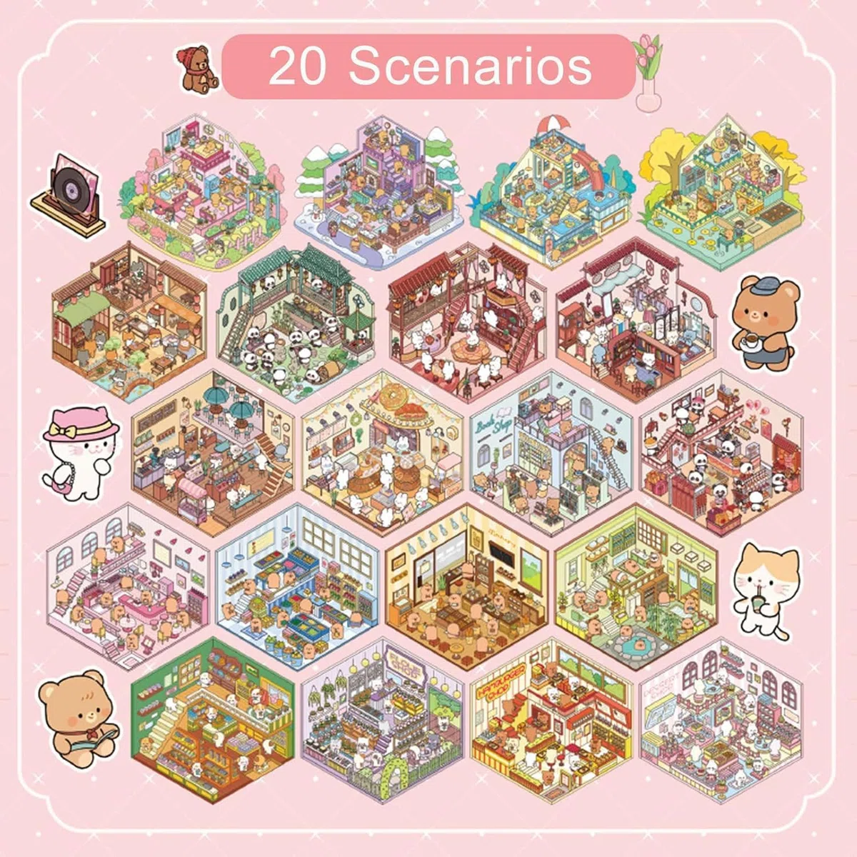 20 Set Adesivi di Scena, Adesivi 3d Adorabili Adesivi 3D Stress Sollievo Con Una Pinzetta,3D Sticker Kit di Adesivi per Casa in Miniatura per Adulti, Bambini