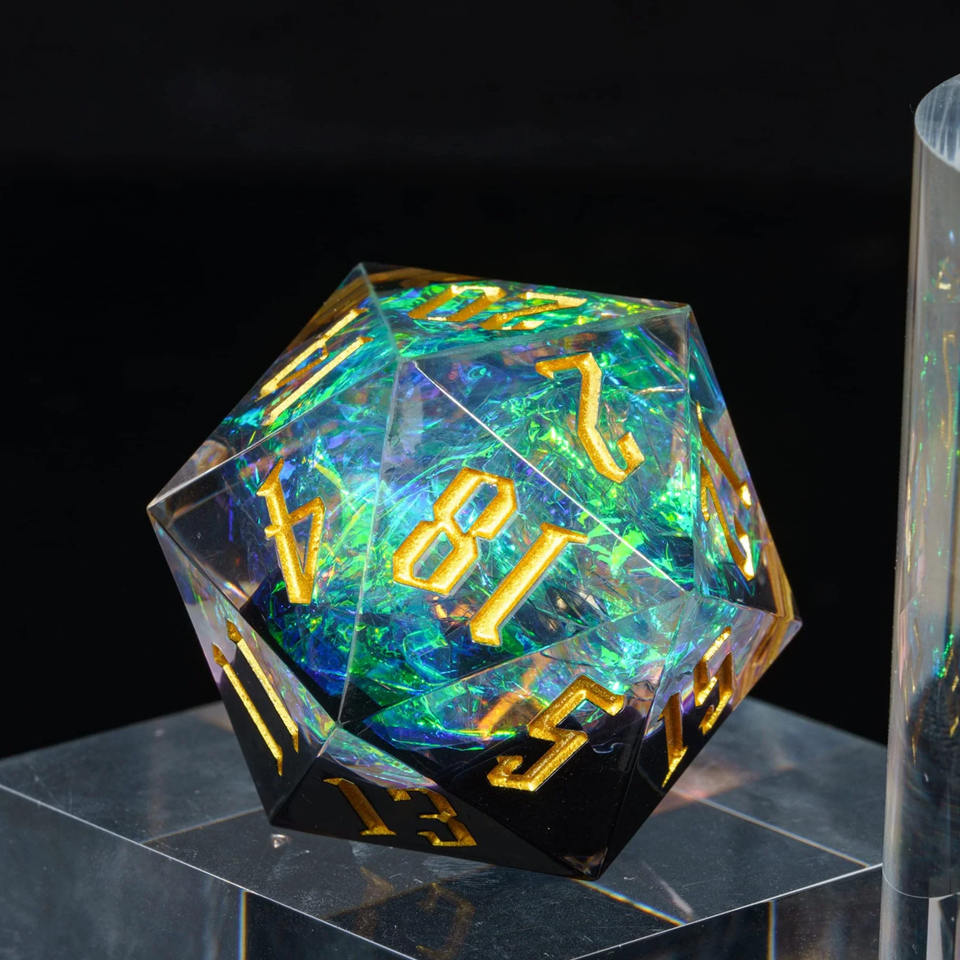 Cusdie Dadi D20 DND da 33 mm, con bordi affilati e inclusioni in lamina glitterata, dadi singoli da 20 lati, per giochi di ruolo come regalo per giochi di ruolo come dungeons e draghi (nero