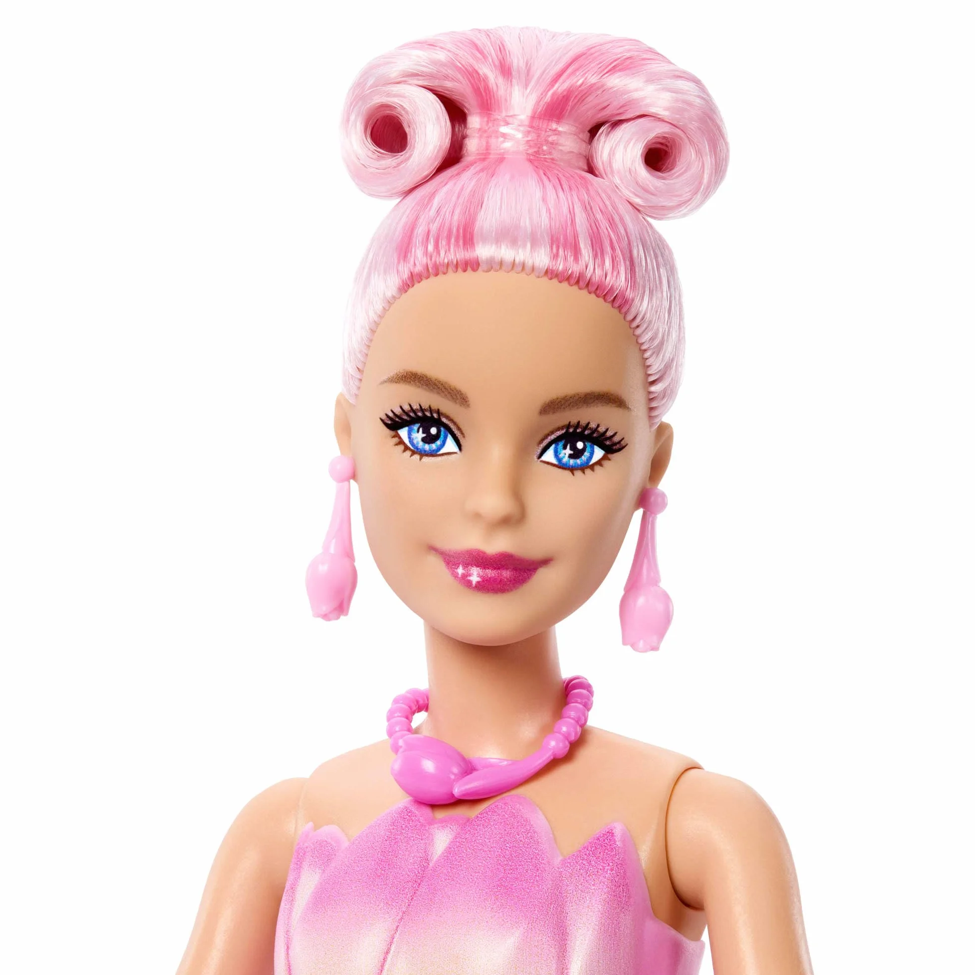 Barbie Petal Pop, bambola profumata con abito tulipano rosa e accessori, sorpresa bouquet con coniglietto e accessori come annaffiatoio, collana e orecchini, JMF57
