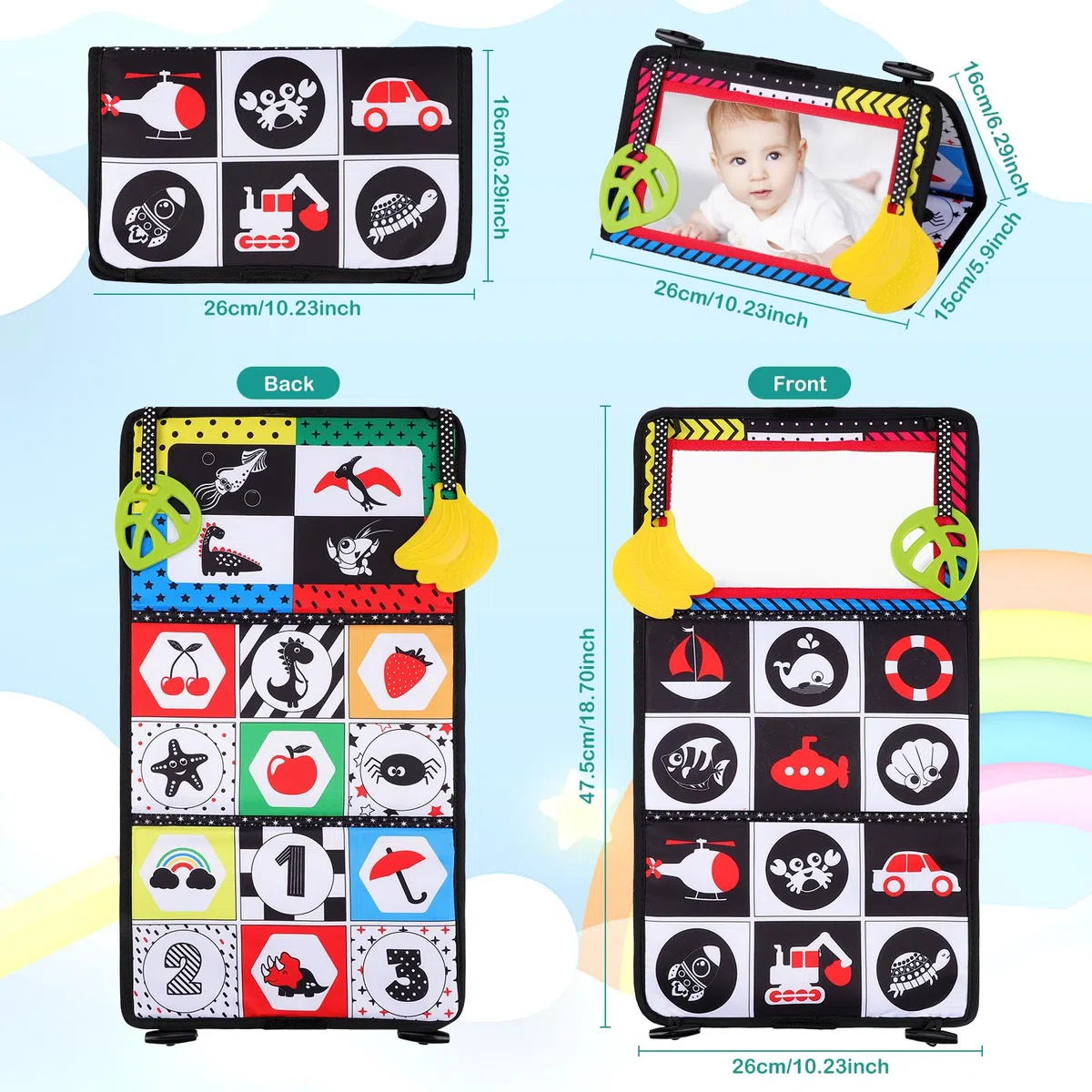 Libro Sensoriale Neonati con Specchi, Specchio Montessori Neonati Libri di Stoffa Tummy Time Neonato Specchio Neonato per Neonata Femmina & Maschio 0 3 6 12 Mesi, Numero