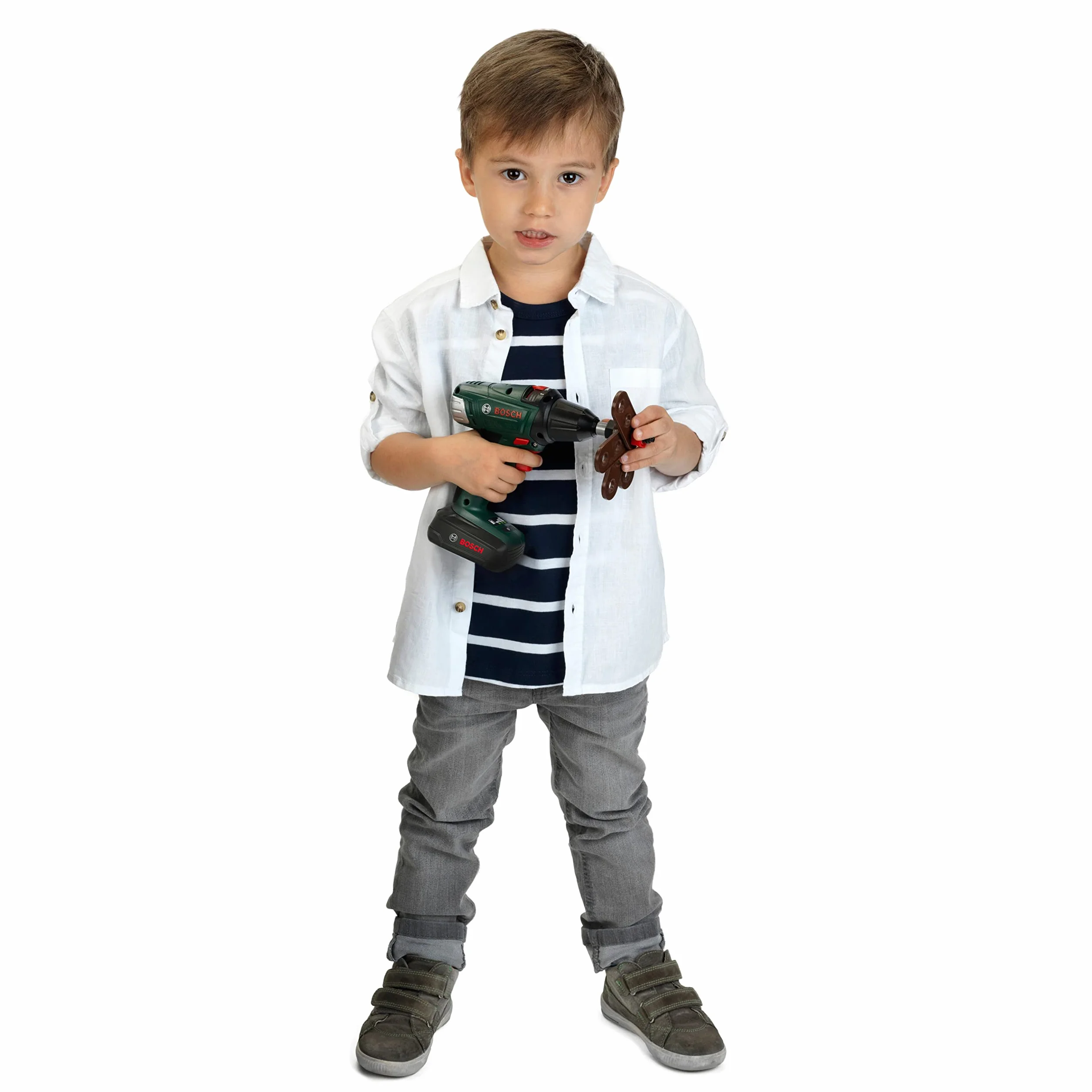Theo Klein 8567 Avvitatore a batteria Bosch, Trapano/cacciavite a batterie con attacchi rotanti e intercambiabili, Luce e suono, 20 x 6,5 x 19 cm, Giocattolo per bambini a partire dai 3 anni di età