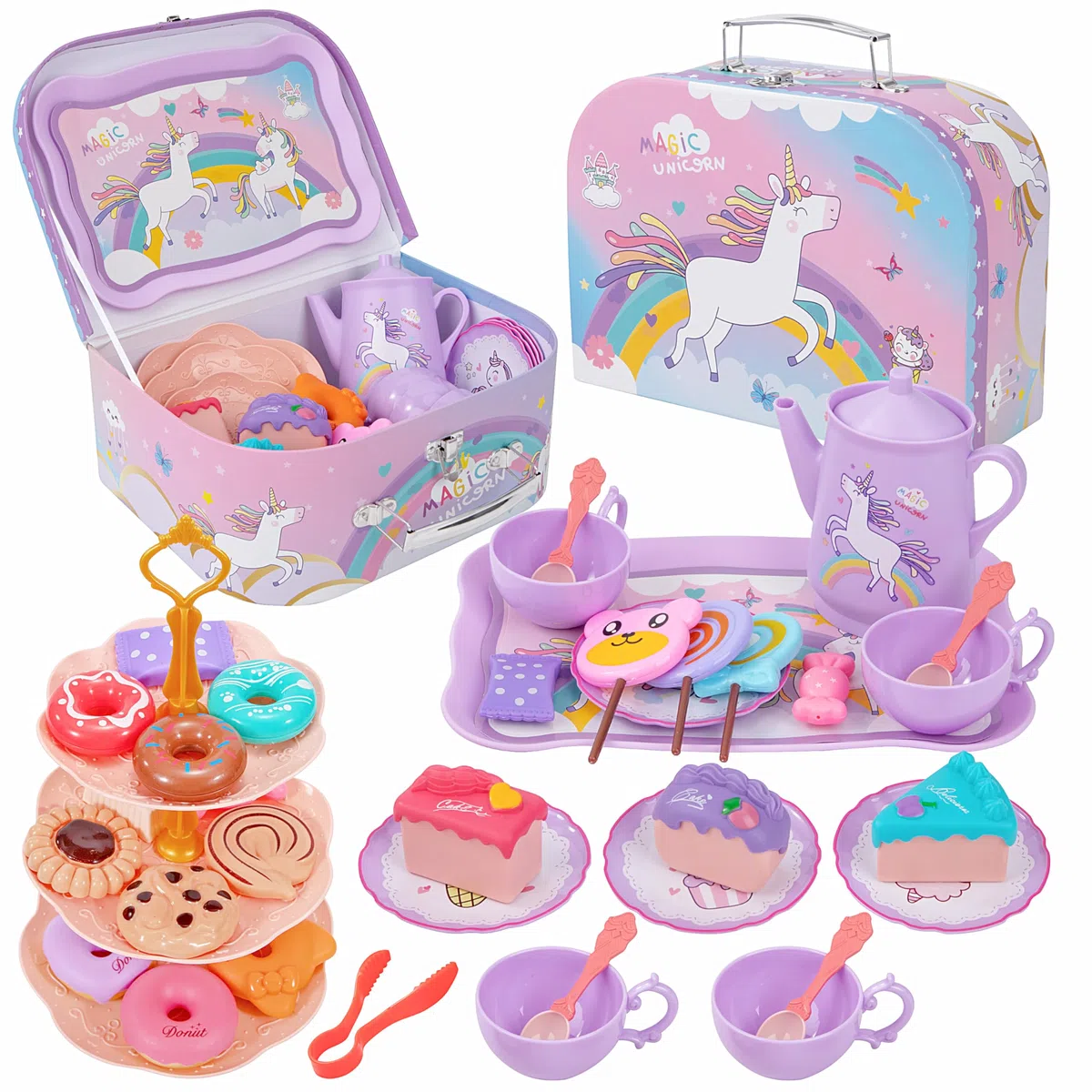 Set da Tè per Bambini, 42 Pezzi Set da Tè Giocattoli Accessori Cucina Bambini, Servizio da tè e Valigia Unicorno, Tea Party Finta di Giocare, Compleanno Regalo per Bambina 3 4 5 6 7 Anni
