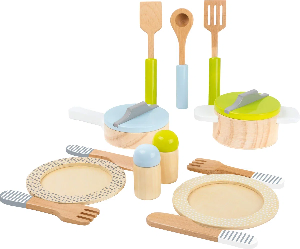 Small Foot- Set stoviglie e pentole Bambini, in Legno, 15 Pezzi, Un complemento Perfetto per Ogni Cucina da Gioco Ideale cucinetta, pz, 11098, Multicolore