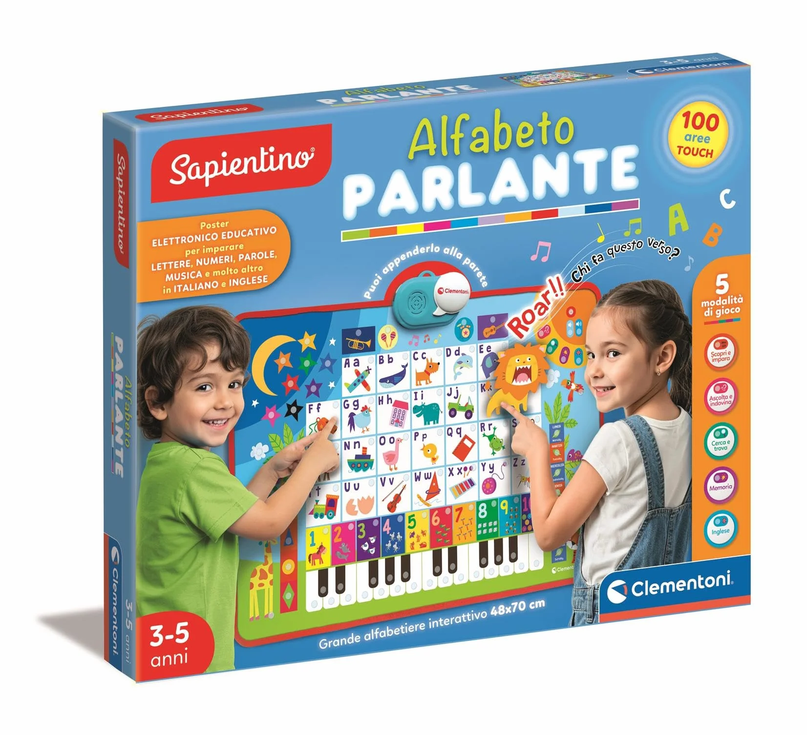 Clementoni - Sapientino Alfabeto Parlante, Poster Elettronico Educativo Bilingue Italiano Inglese per Bambini 3-5 Anni, 26 Lettere e Numeri Interattivi, Parole Musica e Quiz, 16665