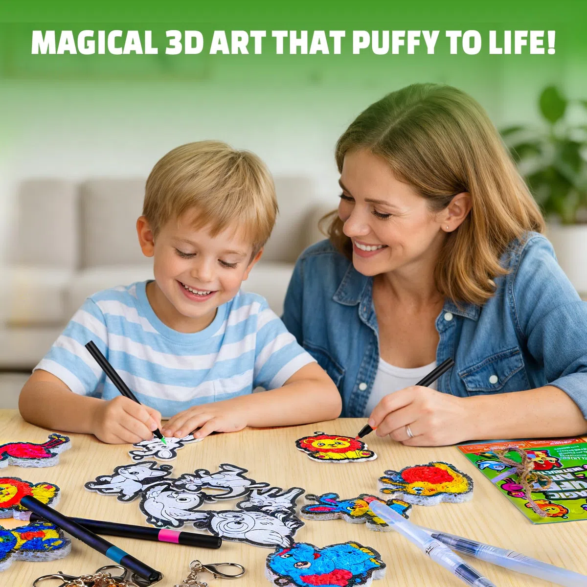 EPUMP 15 Pezz Animali Pittura Magica Puffy Kit per Bambini, Kit Pittura 3D con Schiuma Magica e 12 Pennarelli Colorati, Attività DIY di Colorazione e Lavoretti Creativi per Bambini e Bambine 3+ Anni