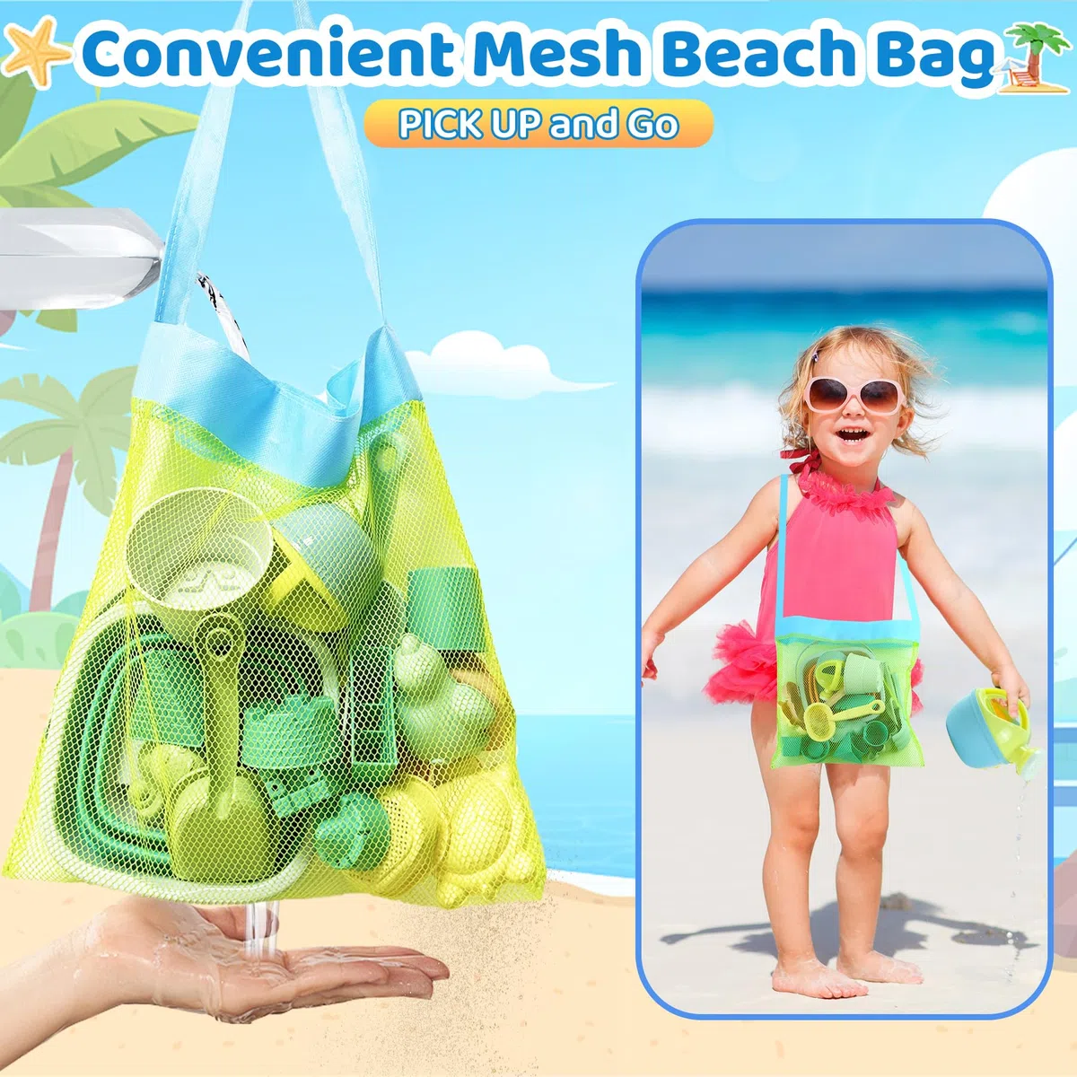 VEEKAY Giochi Spiaggia Bambini,18 Pezzi Set Giocattoli Spiaggia Set con Secchiello Pieghevole Bambini,Borsa Rete,Pala, Rastrello per Sabbia,Giocattoli da Spiaggia Estivi per Ragazzi e Ragazze