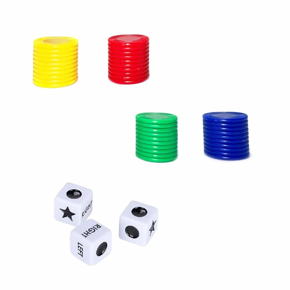 Sarini Gioco di dadi sinistra centro destra con 4 gettoni colorati, dadi a 3 stelle e istruzioni - Scatola di latta da 65 g, perfetta per feste, riunioni di famiglia e riunioni con gli amici
