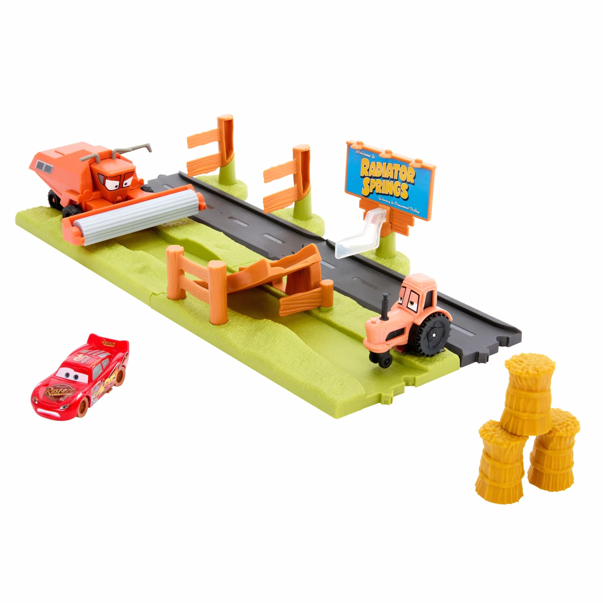 Mattel Disney e Pixar Cars Corsa Acrobatica in Fuga da Frank Playset con 3 veicoli giocattolo e 2 modalità di gioco, include Saetta McQueen, HRX48