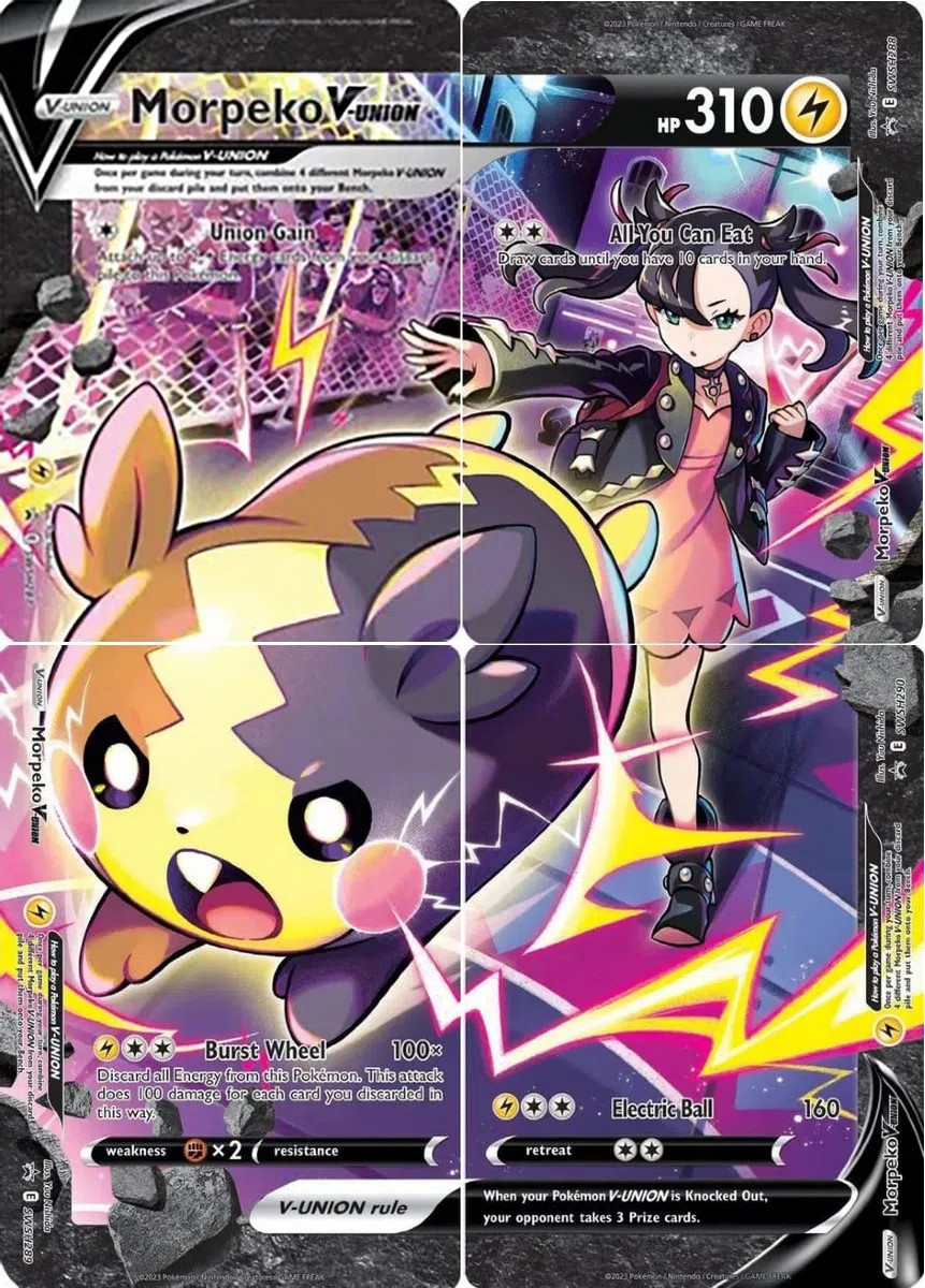 Morpeko V-Union - Set di 4 carte Pokemon - Black Star Promo - Crown Zenith - Marnie - SWSH287 SWSH288 SWSH289 SWSH290