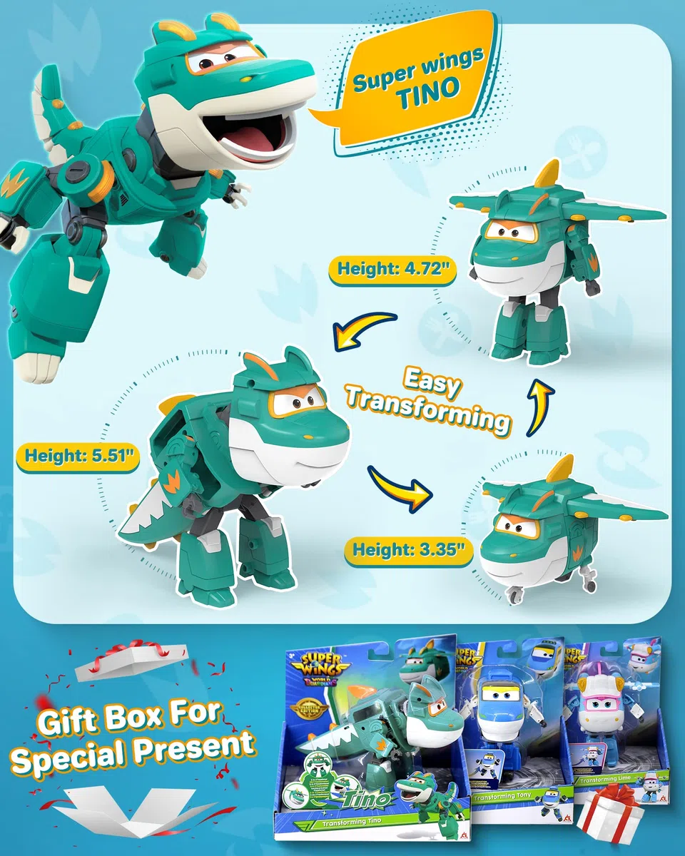 Super Wings Giocattolo Trasformabile Tino Dinosauro 5 pollici - Trasformazione Semplice, Regalo Bambini 3+ Anni, Verde
