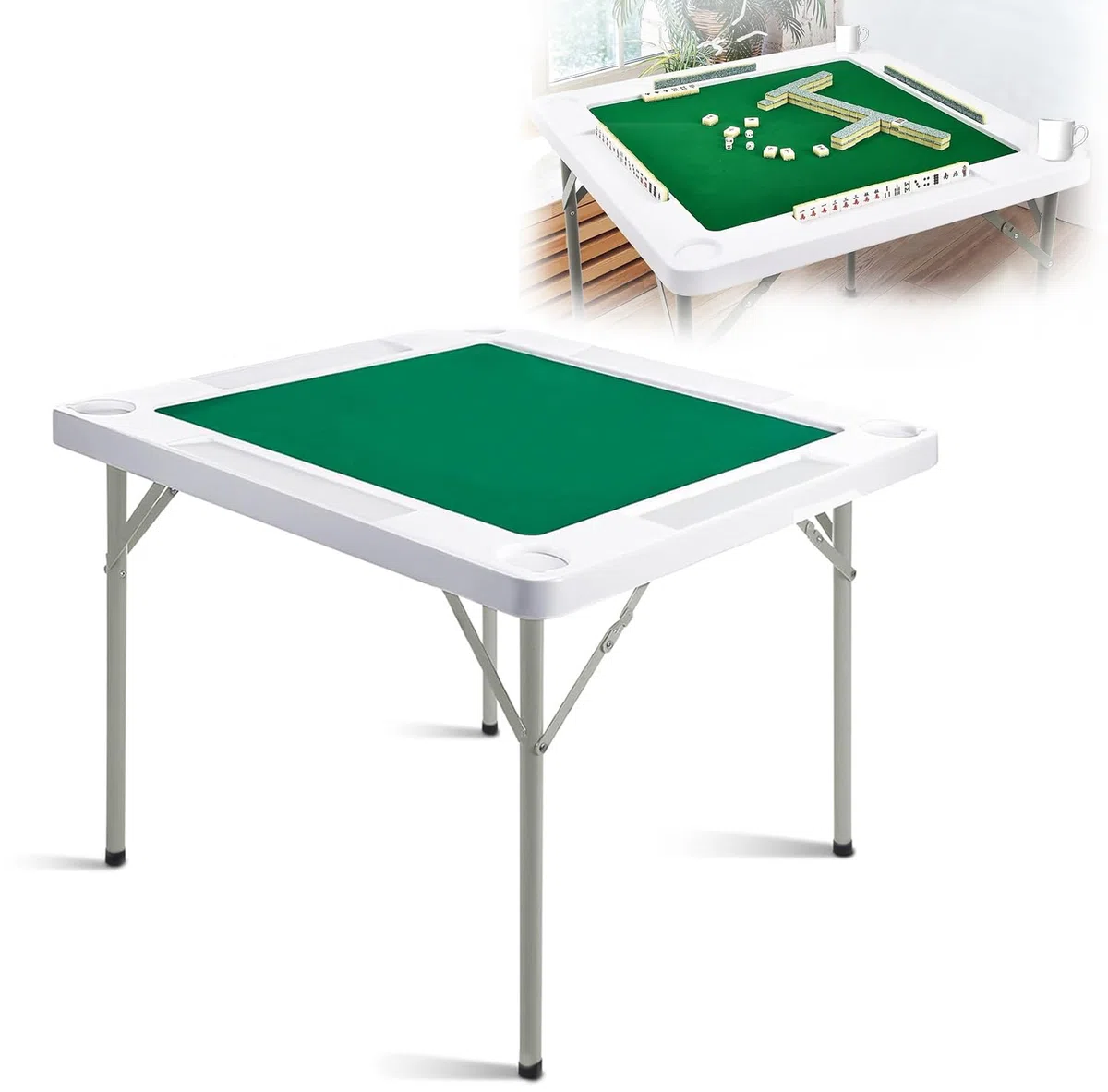 Tavolo da gioco di carte pieghevole, 88,9 cm, quadrato, per 4 giocatori, con portabicchieri e vassoi per patatine, tavolo Mahjong pieghevole per mahjong poker domino giochi per adulti